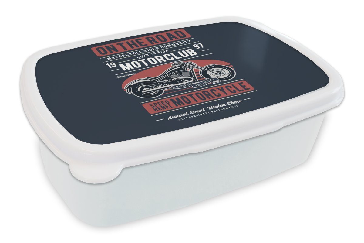 MuchoWow Lunchbox Motorrad - Retro - Briefe - Zitat, Kunststoff, (2-tlg), Brotbox für Kinder und Erwachsene, Brotdose, für Jungs und Mädchen weiß