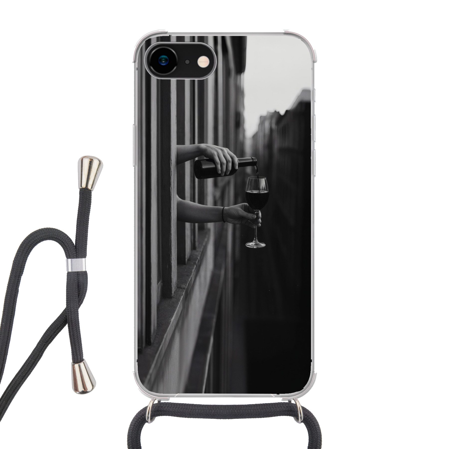 MuchoWow Handyhülle für Apple iPhone SE 2020 Weinflasche - Glas - Hände - Fenster, Tragbare Handyhüllen mit Kette zum umhängen, Handykette Handyband