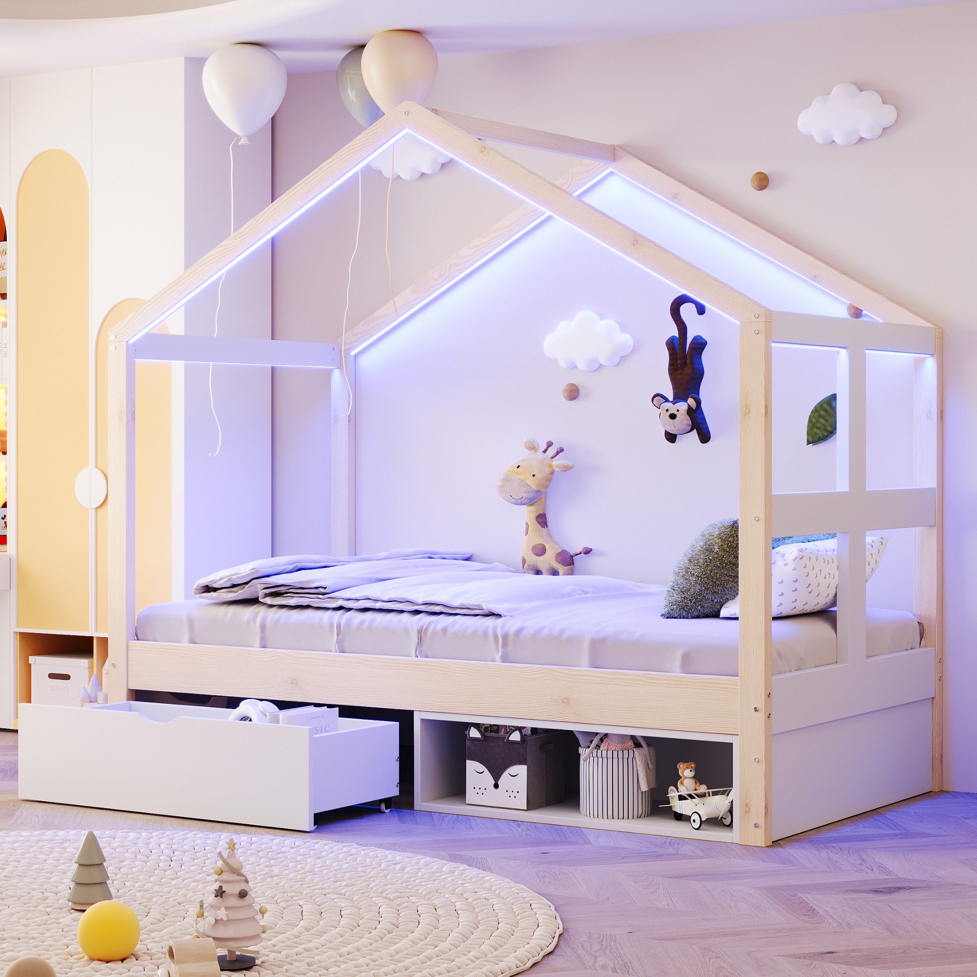 Flieks Kinderbett, Holzbett 90×190cm mit Schublade kleinem Schuhschrank LED-Beleuchtung