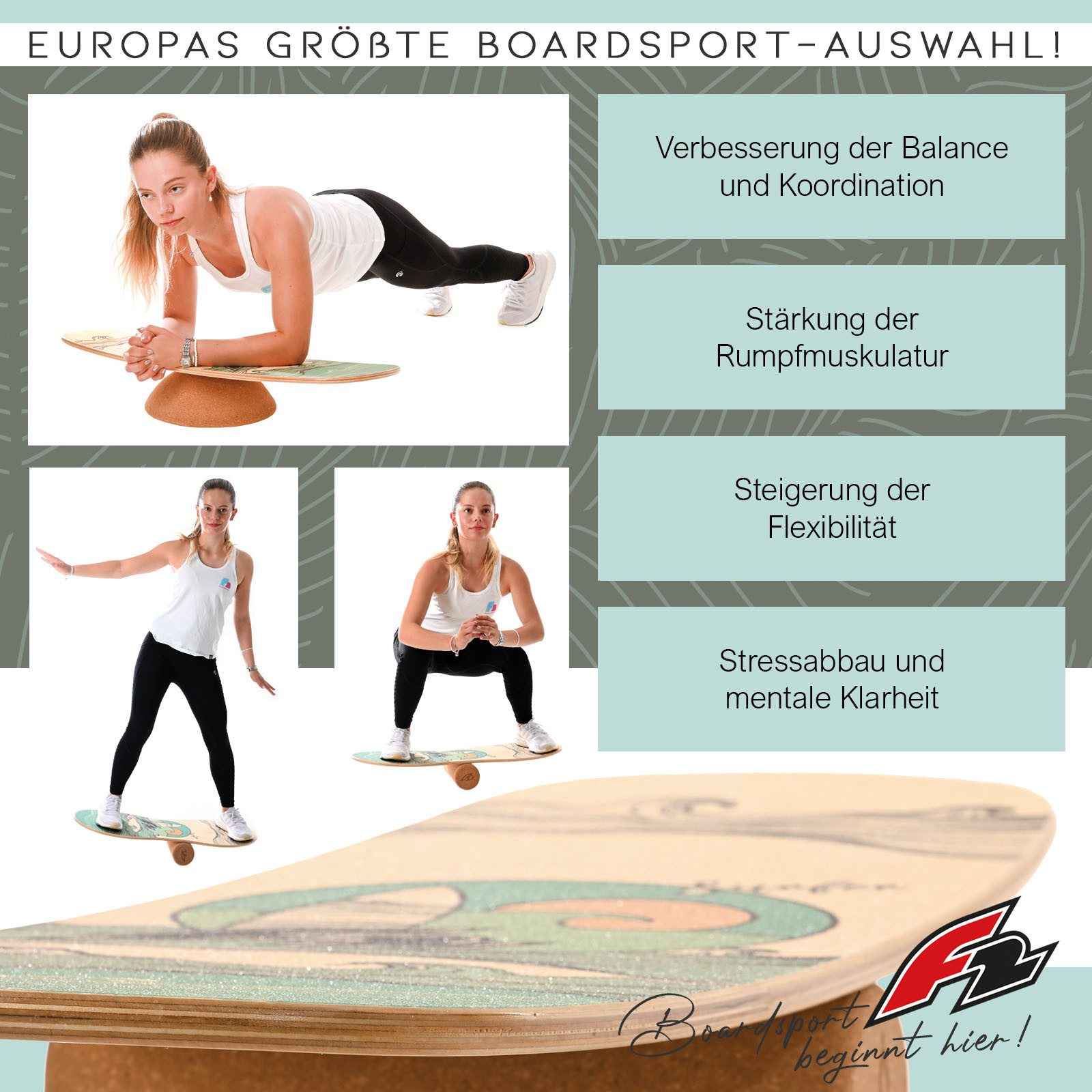 F2 Balanceboard F2 Set Balance Board Halfshell 88x32cm mit Kork Halbkugel