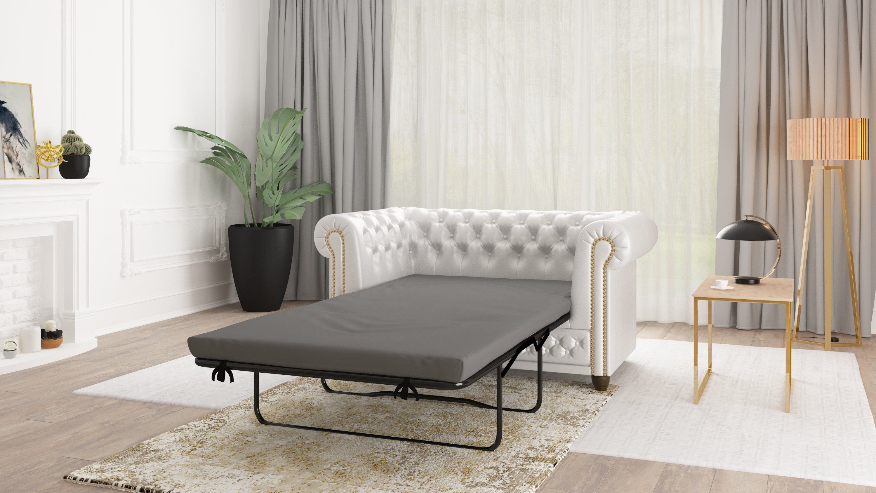 Bettfunktion, Schlaffunktion, Sofa Wellenfederung Weiß 2-Sitzer Möbel mit Chesterfield S-Style mit Jeff mit