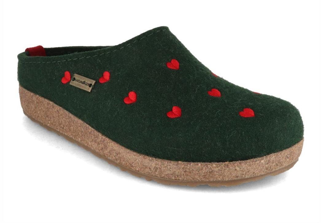 Haflinger Grizzly Cuoricino Damen Filzpantoffeln, eibe Hausschuh temperaturregulierend, Herzen, Winterhausschuh, Clogs, grün