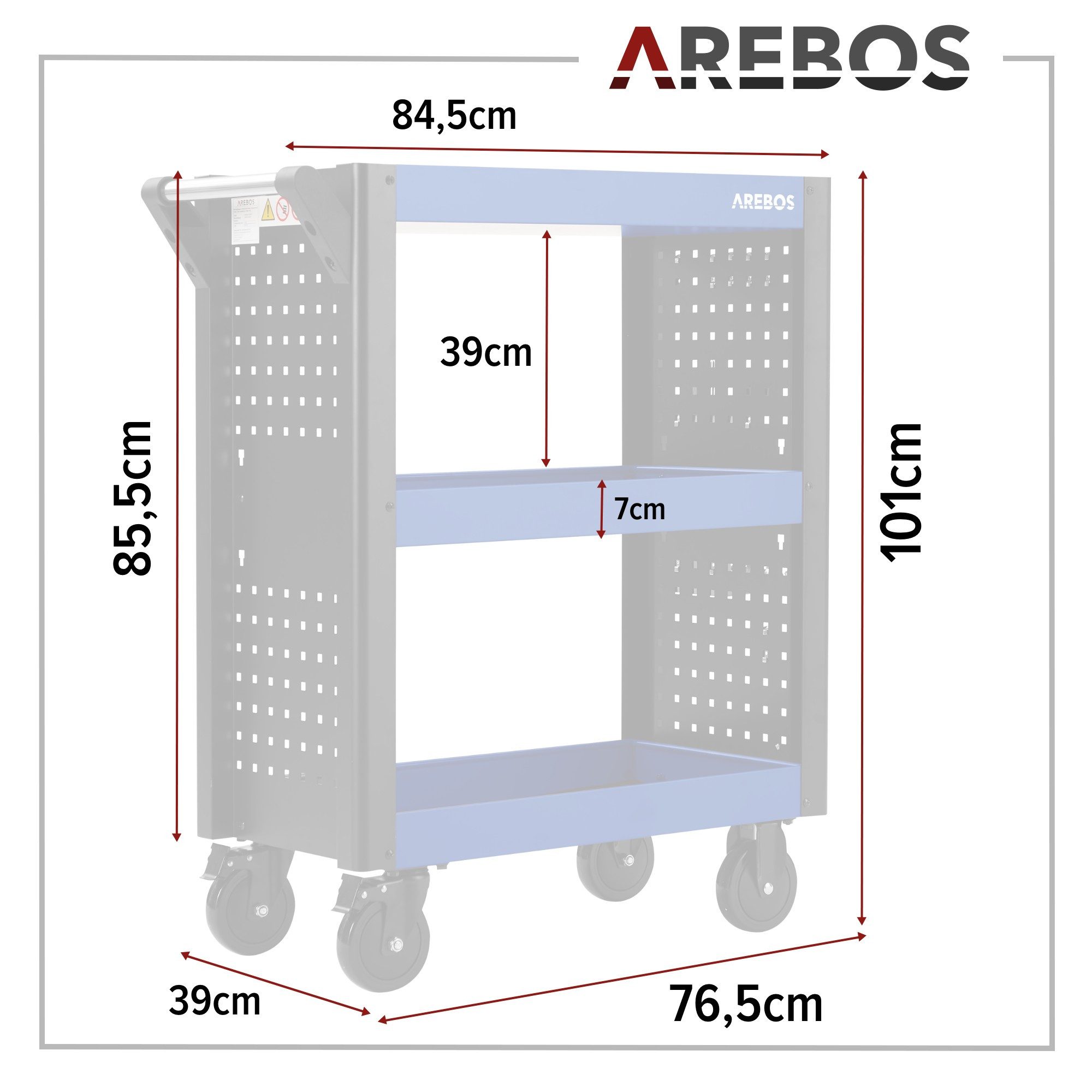 Arebos Werkstattwagen Servicewagen Multifunktionaler Etagenwagen, 3 Etagen, Blau-Schwarz, max. Traglast:120 kg