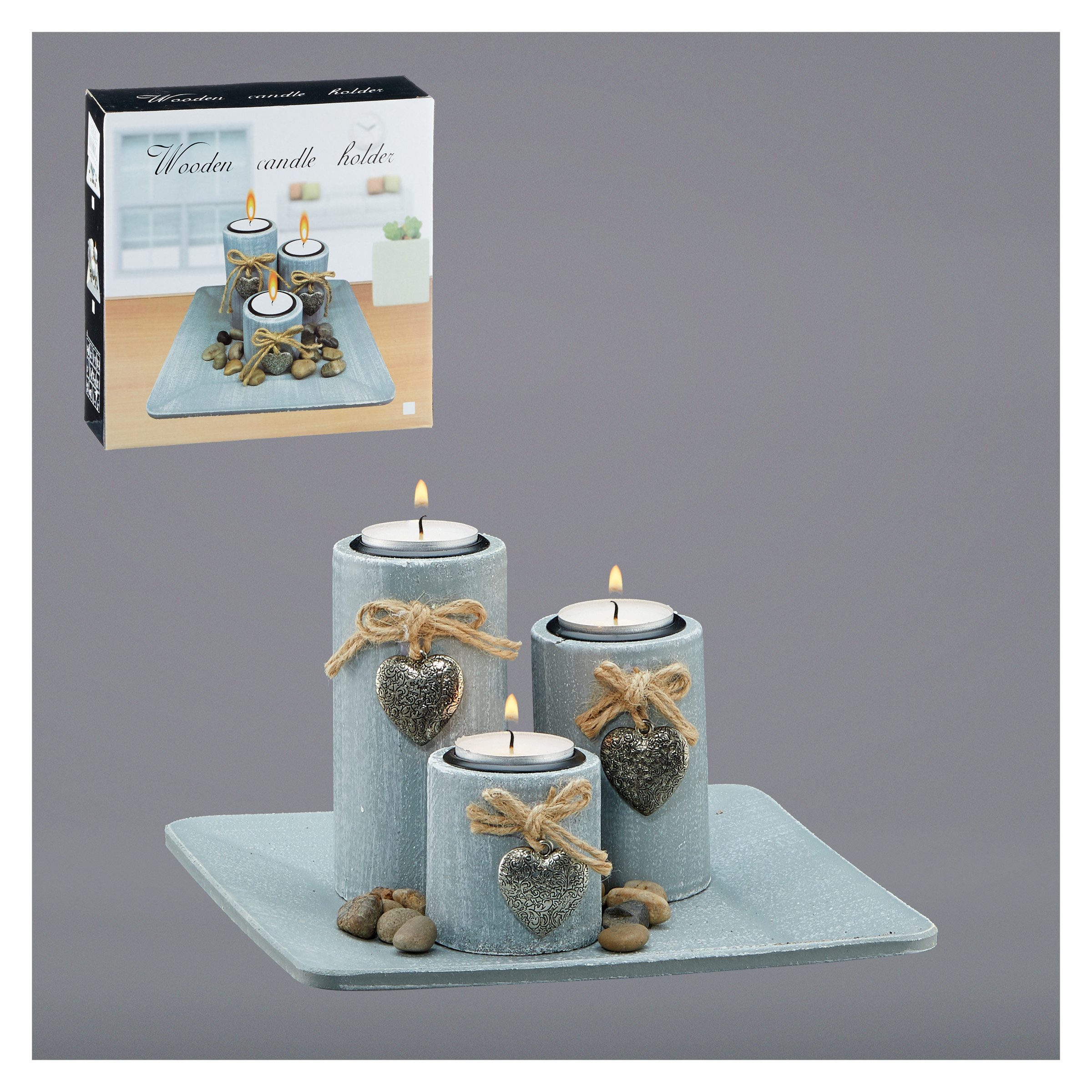 mucHome Teelichthalter Holz Teelichthalter Set Square, Kerzenhalter mit Dekoherzen, 3-teilig