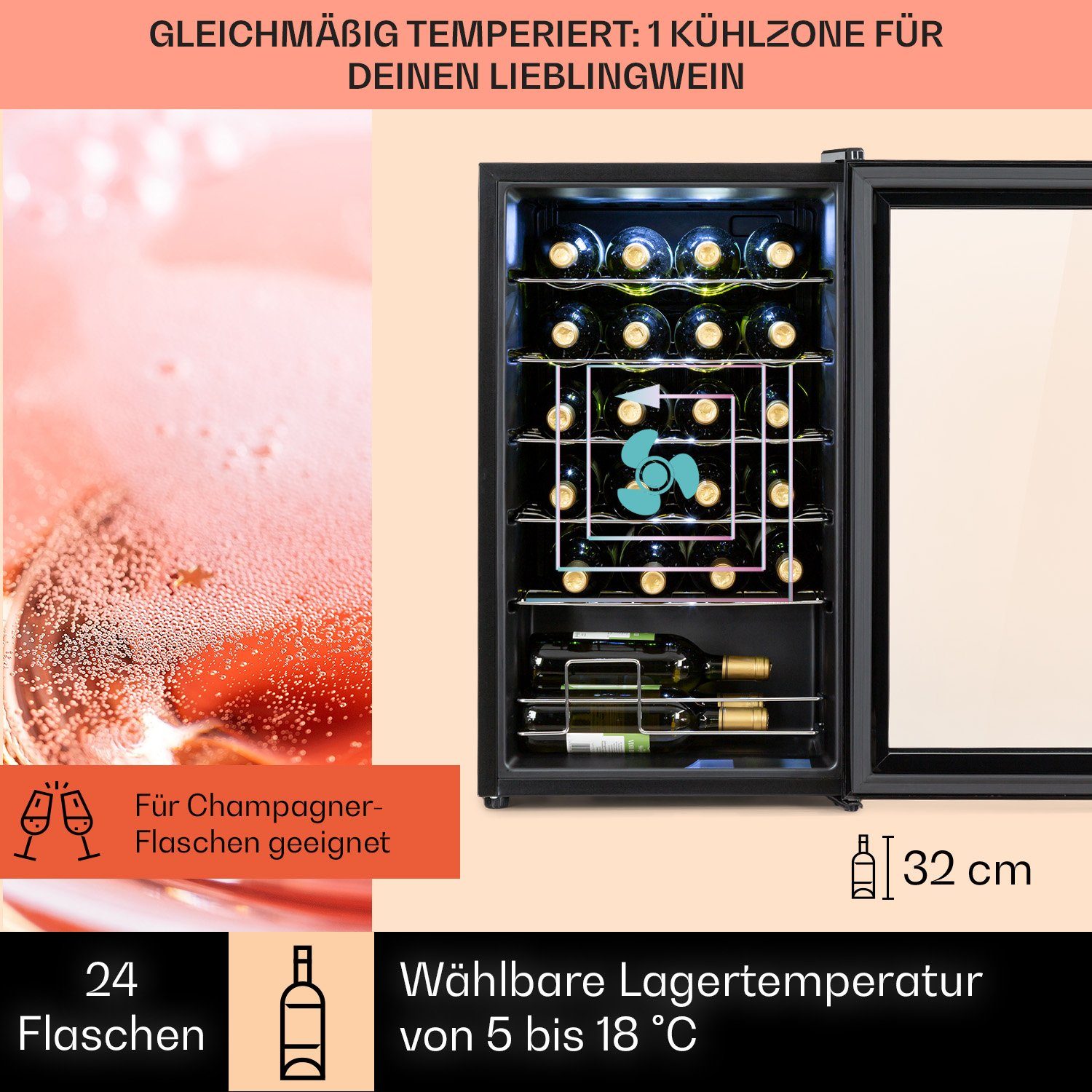 Klarstein Weinkühlschrank Shiraz 24 Uno, für 24 Standardflaschen á 0,75l,Wein Flaschenkühlschrank Weintemperierschrank Weinschrank Kühlschrank – Bild 4 von 5