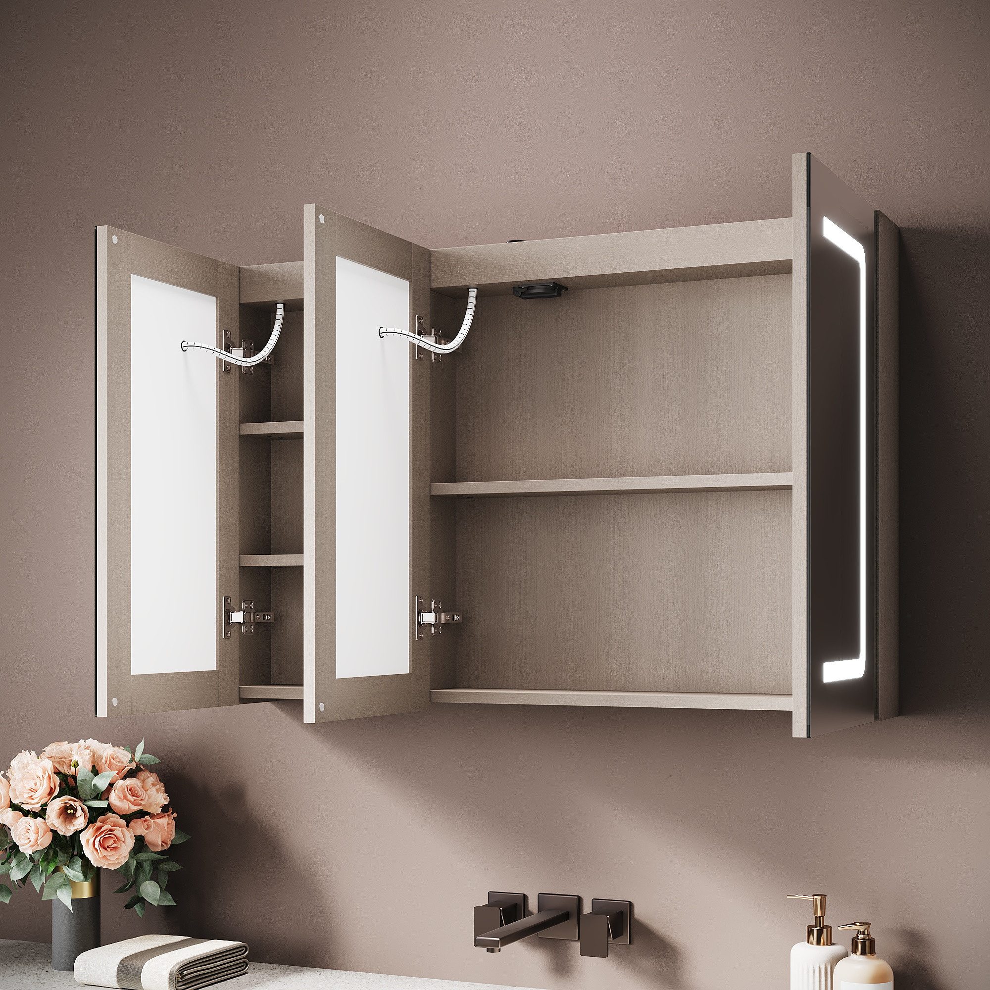 SONNI Spiegelschrank Badezimmerspiegelschrank, Spiegelschrank Badezimmer mit LED-Spiegel mit Beleuchtung, Anti-Beschlag, Licht in 3 Farbtemperaturen 90X60X13cm