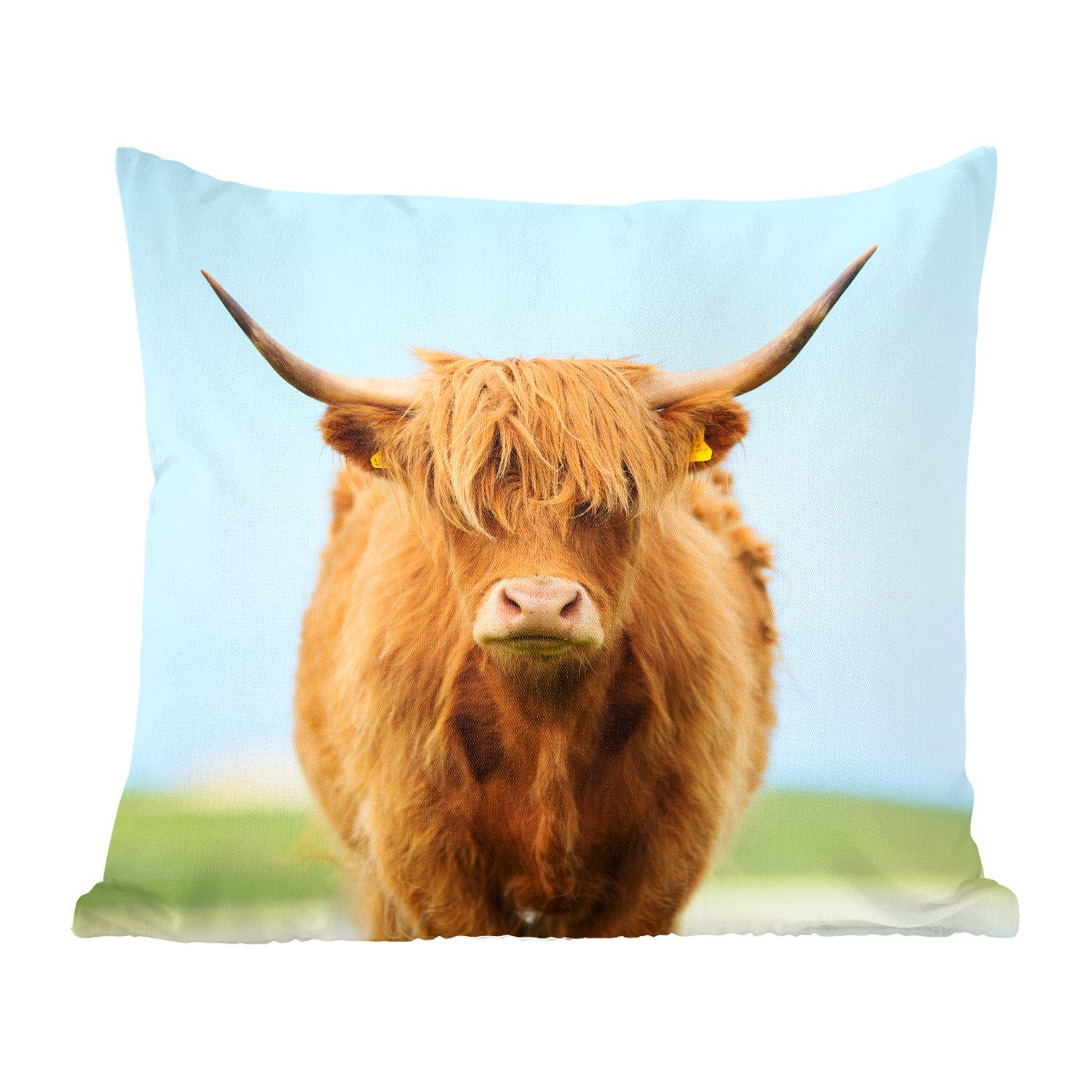 MuchoWow Dekokissen Schottischer Highlander - mit Sofakissen für Zierkissen Haare Gras, - Wohzimmer, Füllung Deko, Schlafzimmer