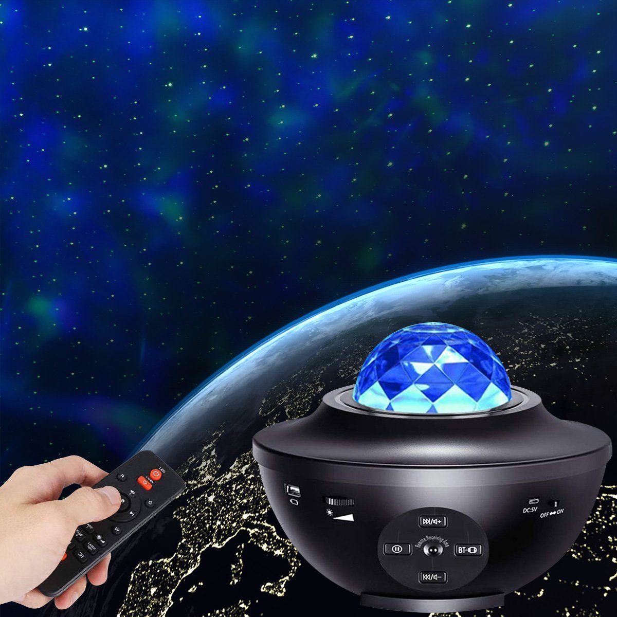 Sunicol LED Nachtlicht LED Musik Projektor, Sternenhimmel Lampe, Bluetooth, Mond Stern, USB, LED wechselbar, Rot, Grün, Blau, Weiß, 21 Beleuchtungsmodi, Fernbedienung Schwarz
