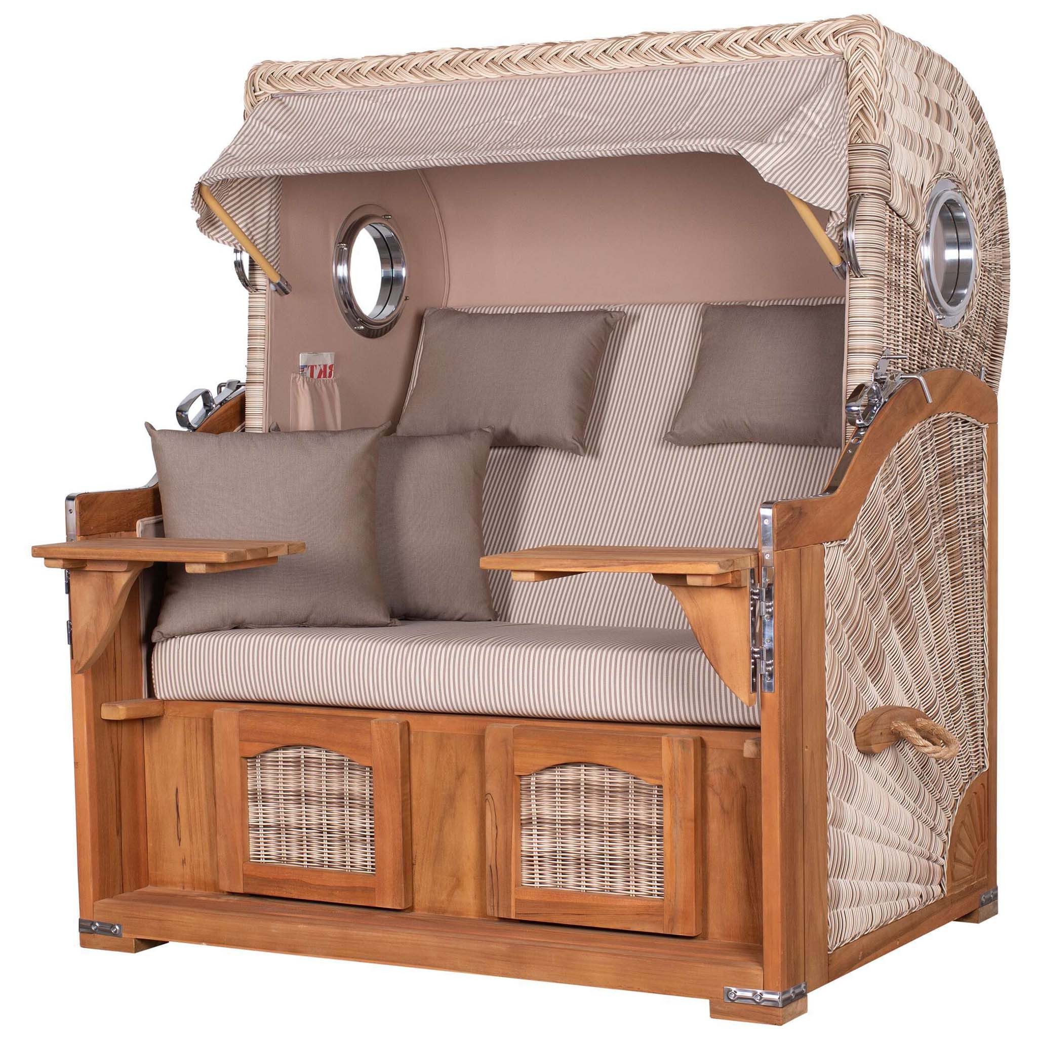bene living Strandkorb Ammersee Grande XL 2,5-Sitzer Teak - PE shell - Modell 510, BxTxH: 142x95x165 cm, Volllieger, Ostsee-Strandkorb, (Strandkorb-Komplettset, 5-tlg., Strandkorb inkl. Liftersystem und umfangreichem Zubehör), mit Windschutzfolie, Bistrotischen und bequemer Polsterung