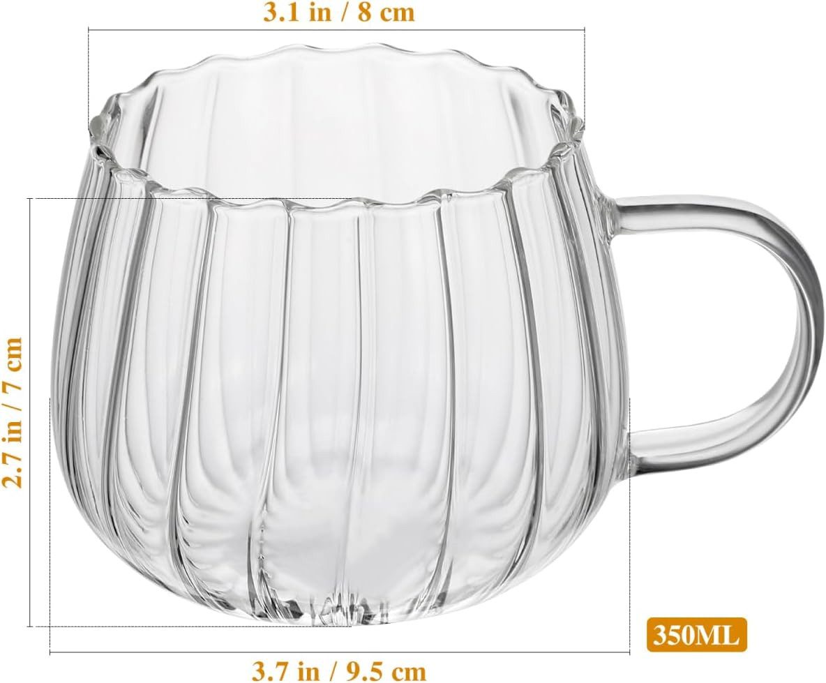 Bossjoy Tasse 4er Set Glas-Kaffeetassen 350 ml in Kürbisform mit Griff transparent, 4-tlg., Glas, Ergonomischer Griff, hitzebeständig, transparent – Bild 2 von 5