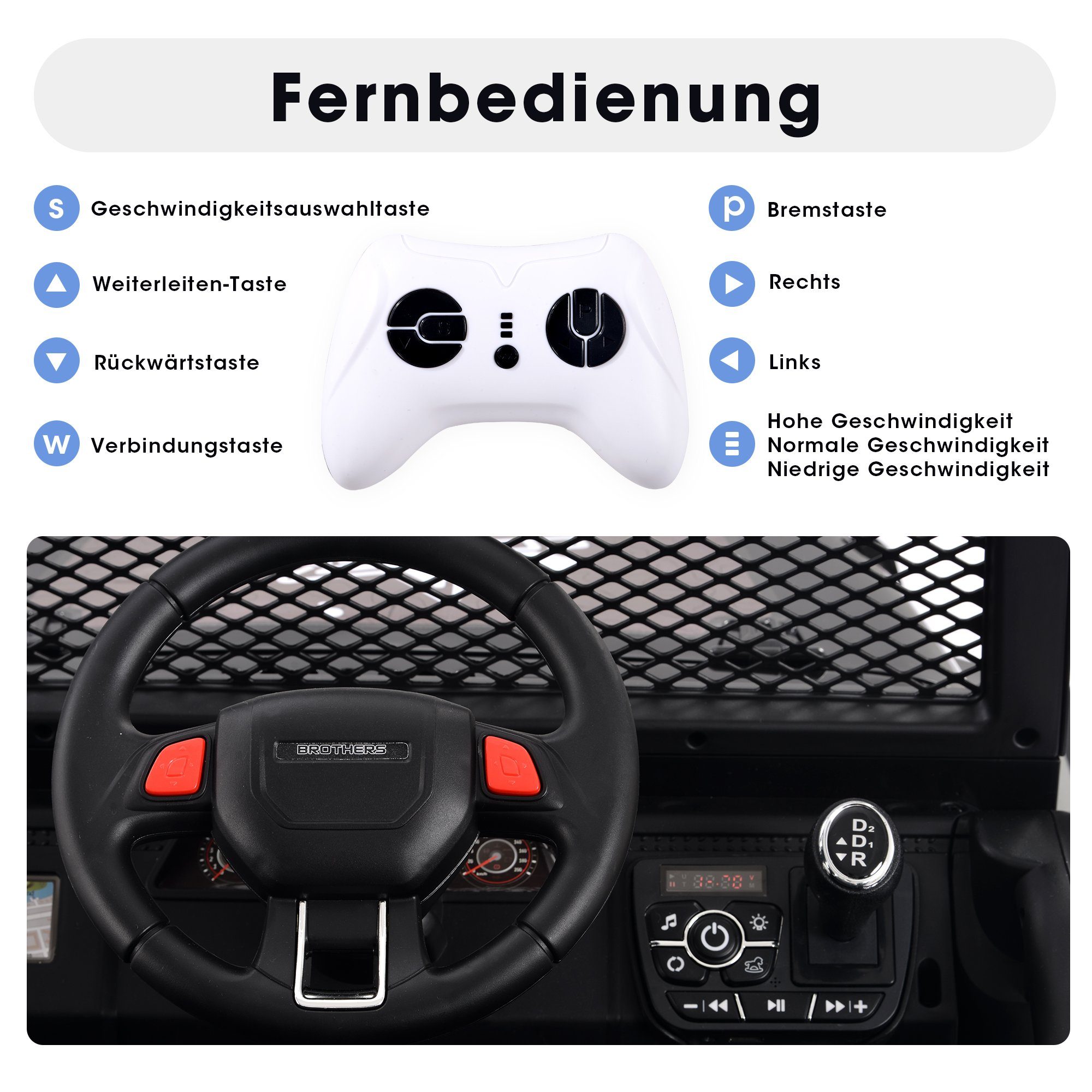 kg, inkl. Elektro-Kinderauto mit Belastbarkeit Bluetooth Schwarz 50 REDOM mit und Belastbarkeit Sitzer, Elektroauto AUX 50 USB, kg, 2
