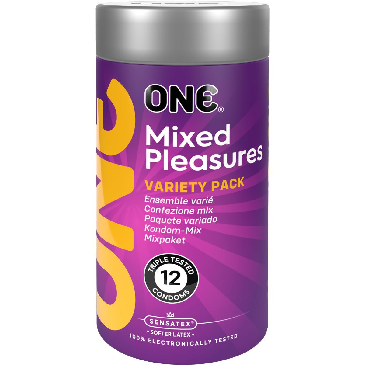 ONE Kondome Mixed Pleasures Packung mit, 12 St., gemischte Kondome im Sortiment, vegan & ohne schädlichen Inhaltsstoffe