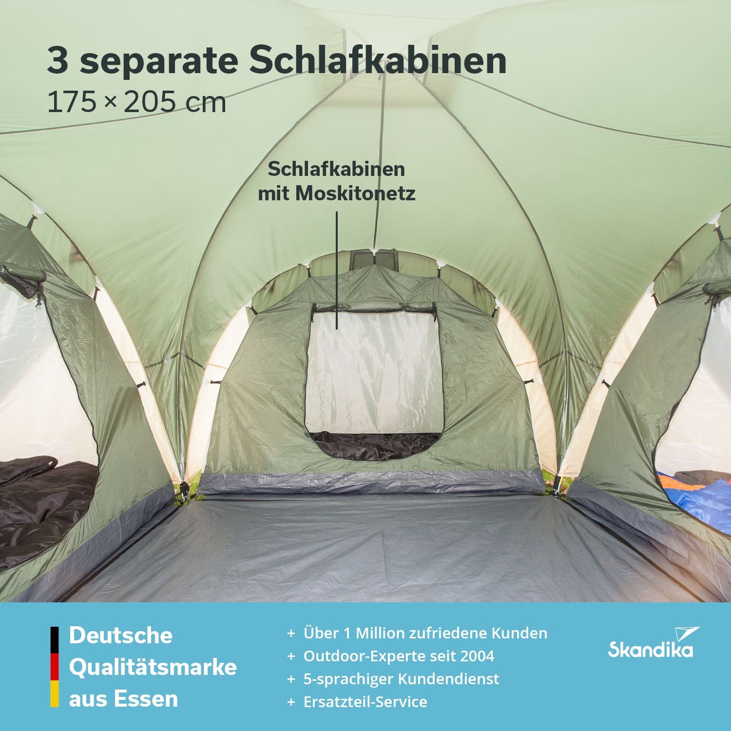 Skandika Kuppelzelt Daytona 6 Familienzelt mit 3 großen Schlafkabinen, Personen: 6 (Innenzeltboden, Sonnendach, Haken für Zeltlampe), 3000 mm Wassersäule, 195 cm Stehhöhe, Moskitonetze in der Schlafkabine