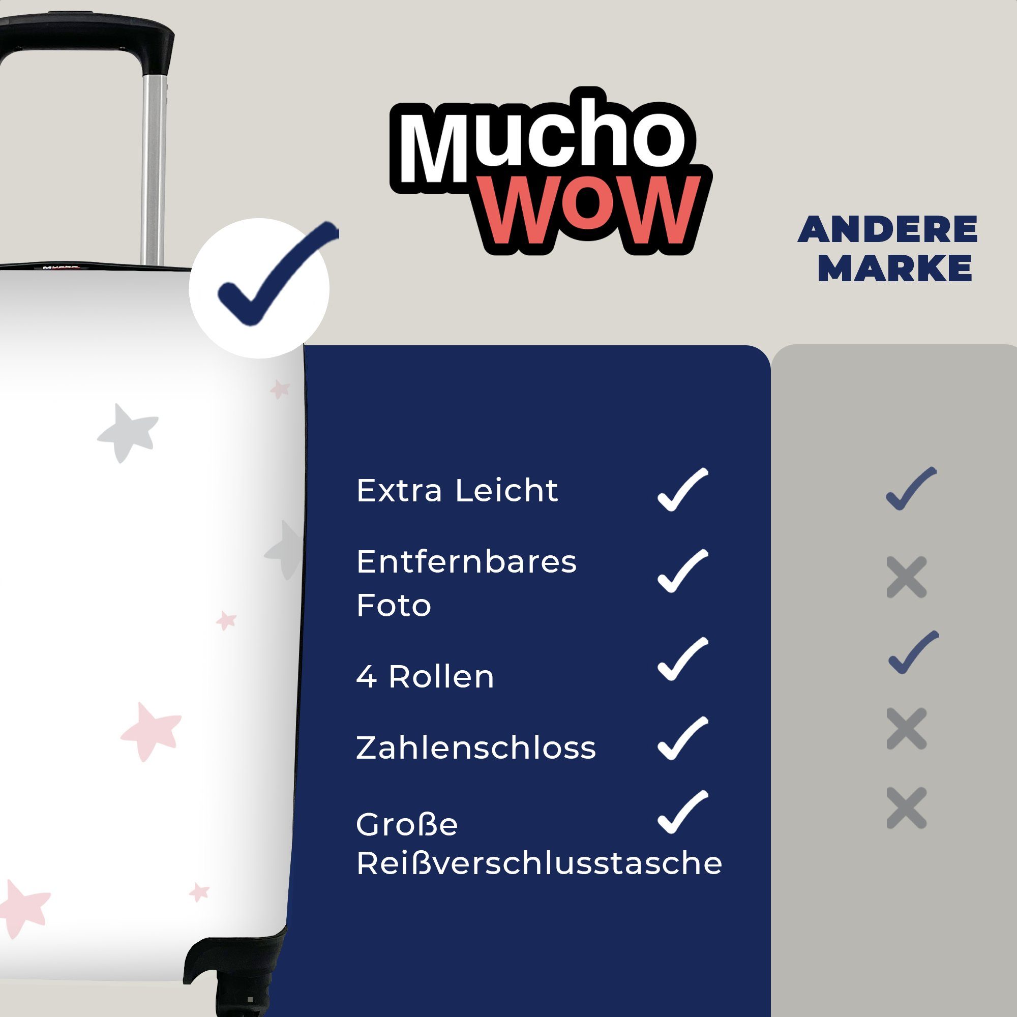 MuchoWow Handgepäckkoffer Illustration Muster Trolley, Handgepäck auf für aus rosa Rollen, 4 mit rollen, einem, Reisekoffer mit grauen Reisetasche einem Ferien, und Sternen