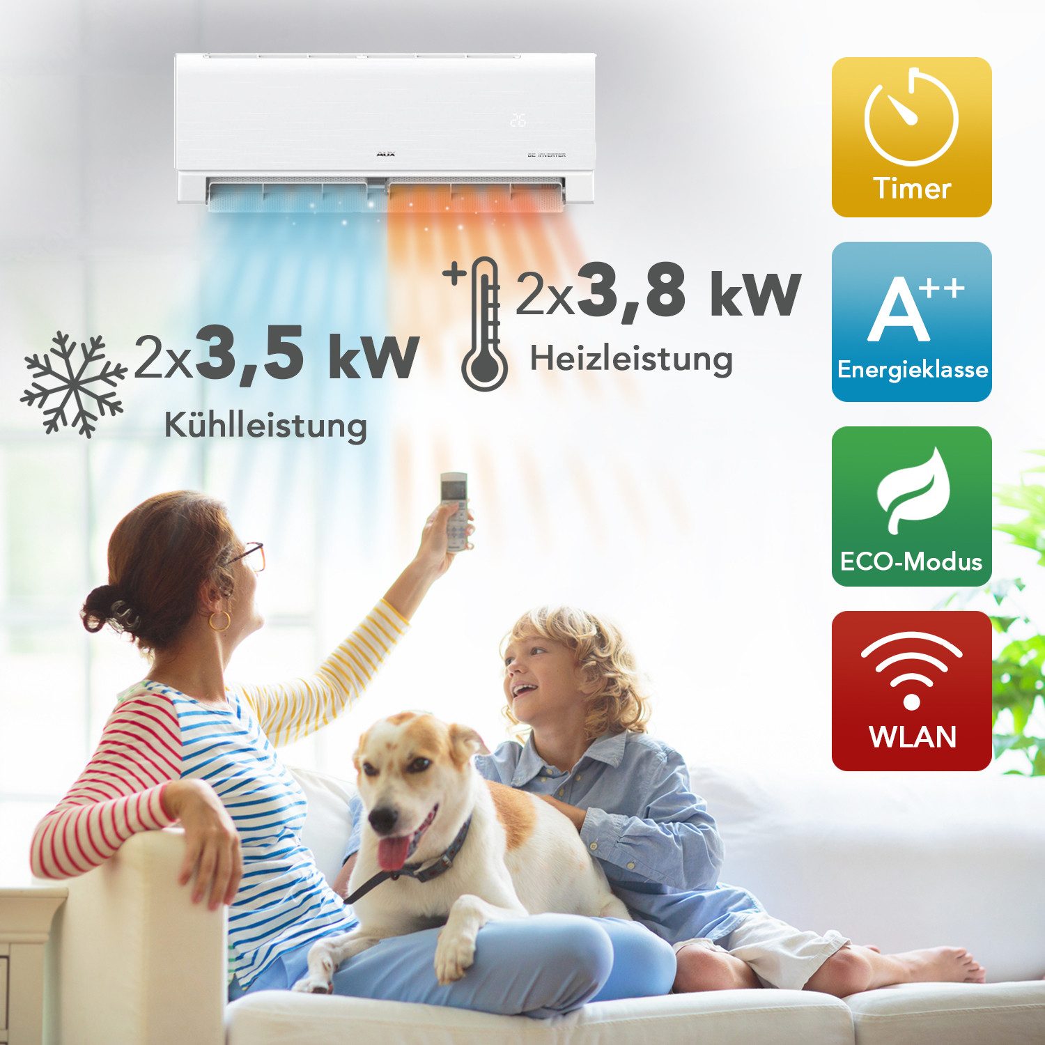 AUX Split-Klimagerät Set mit Außengerät und Innenwandgeräten, Klimaanlage mit App-Steuerung, R32 Kühlung & Heizung für Wohnräume, Büro & Gewerbe