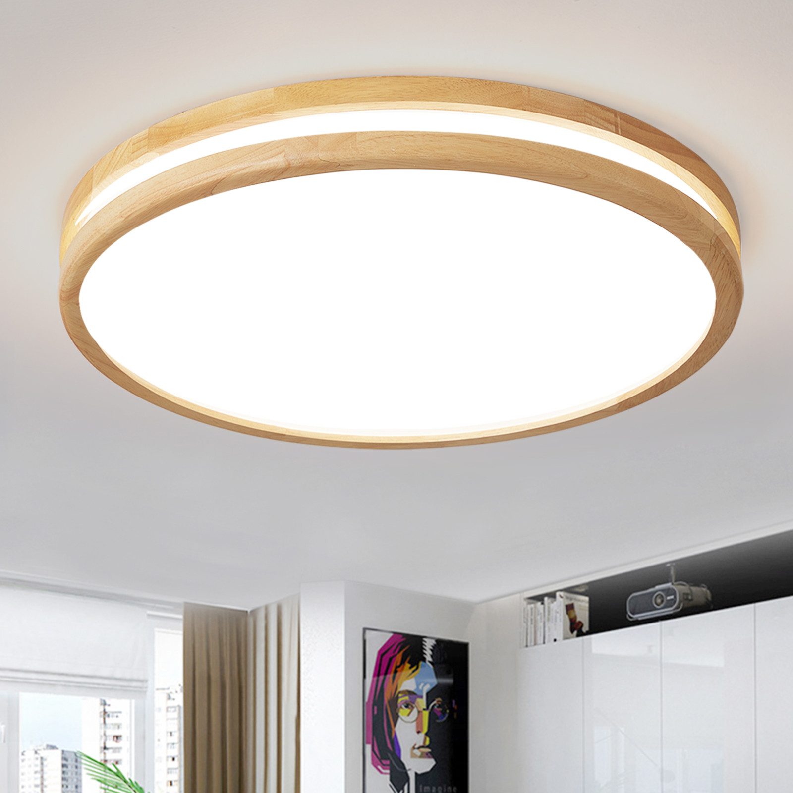 style home Deckenleuchte LED Deckenlampe dimmbar mit Fernbedienung, 96W-Ø50cm, LED fest integriert, Warmweiß bis Kaltweiß 3000K-6000K, Ø50x6cm, rund Leuchte für Wohnzimmer Schlafzimmer Küche Büro, Holz
