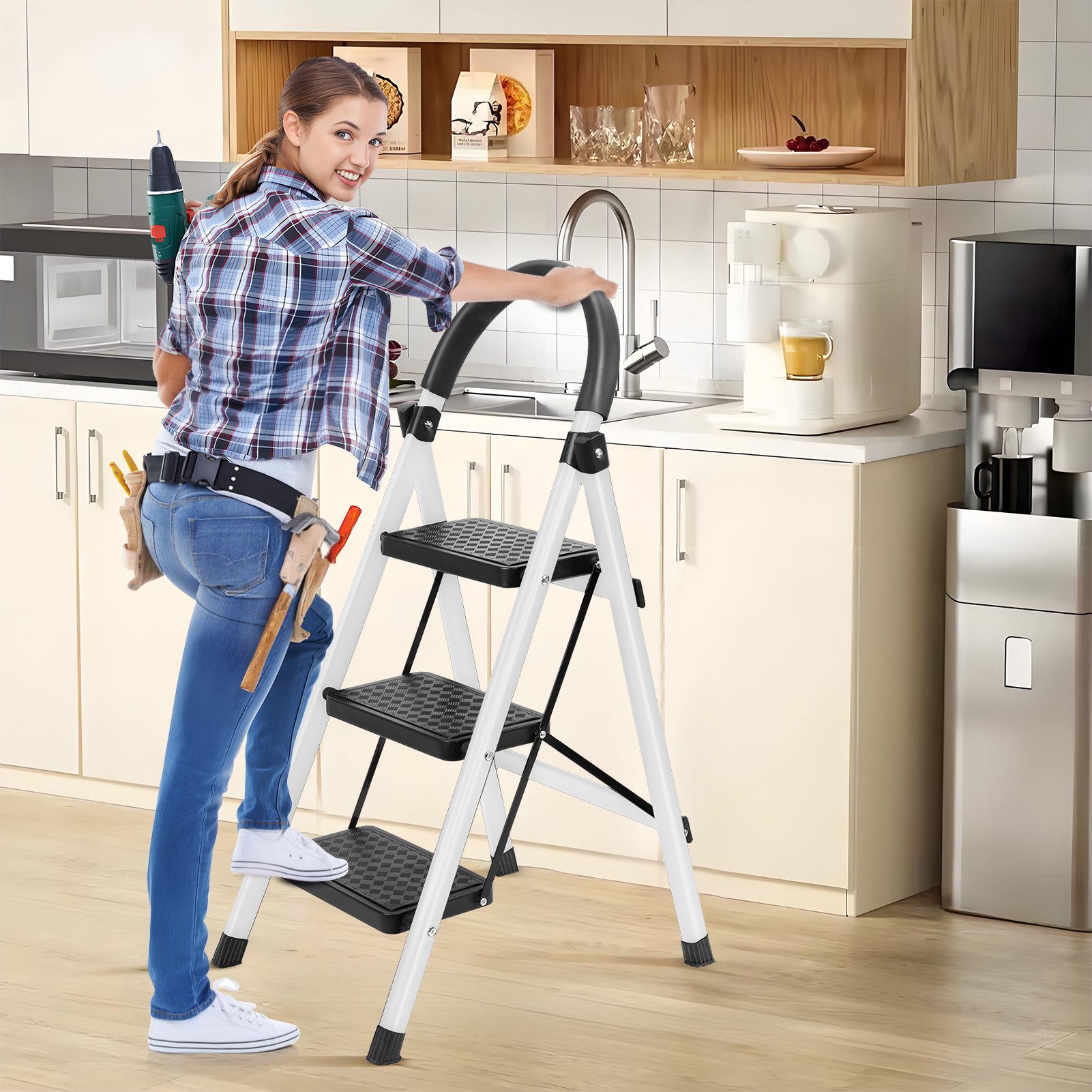 Rutaqian Klapptritt Trittleiter Leiter Tragbare 3-stufige Leiter mit Handläufen (Set, 1-St), bis 150 kg, Stufenleiter für Zuhause, Küche & Garten – Bild 3 von 5