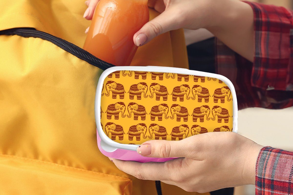 Lunchbox Kinder, Kunststoff MuchoWow Indien, Mädchen, rosa Muster Snackbox, - Brotbox - Erwachsene, Brotdose Kunststoff, für (2-tlg), Elefant