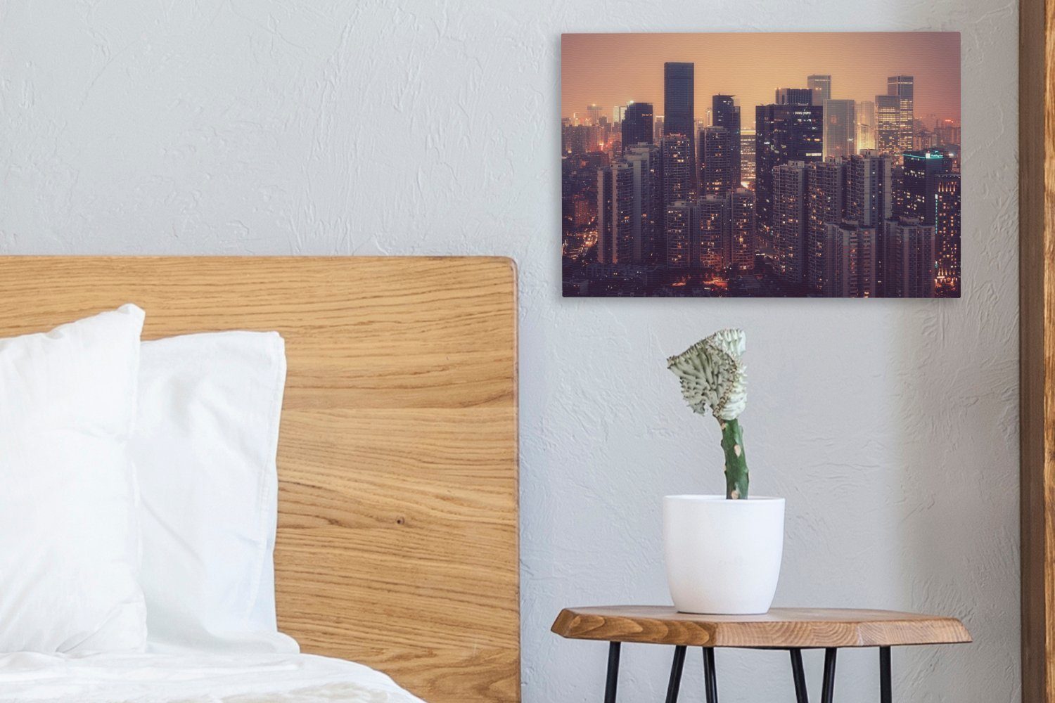 OneMillionCanvasses® Leinwandbild Skyline der Stadt (1 30x20 bei Wanddeko, Nacht, Leinwandbilder, Aufhängefertig, Chengdu China St), in cm Wandbild