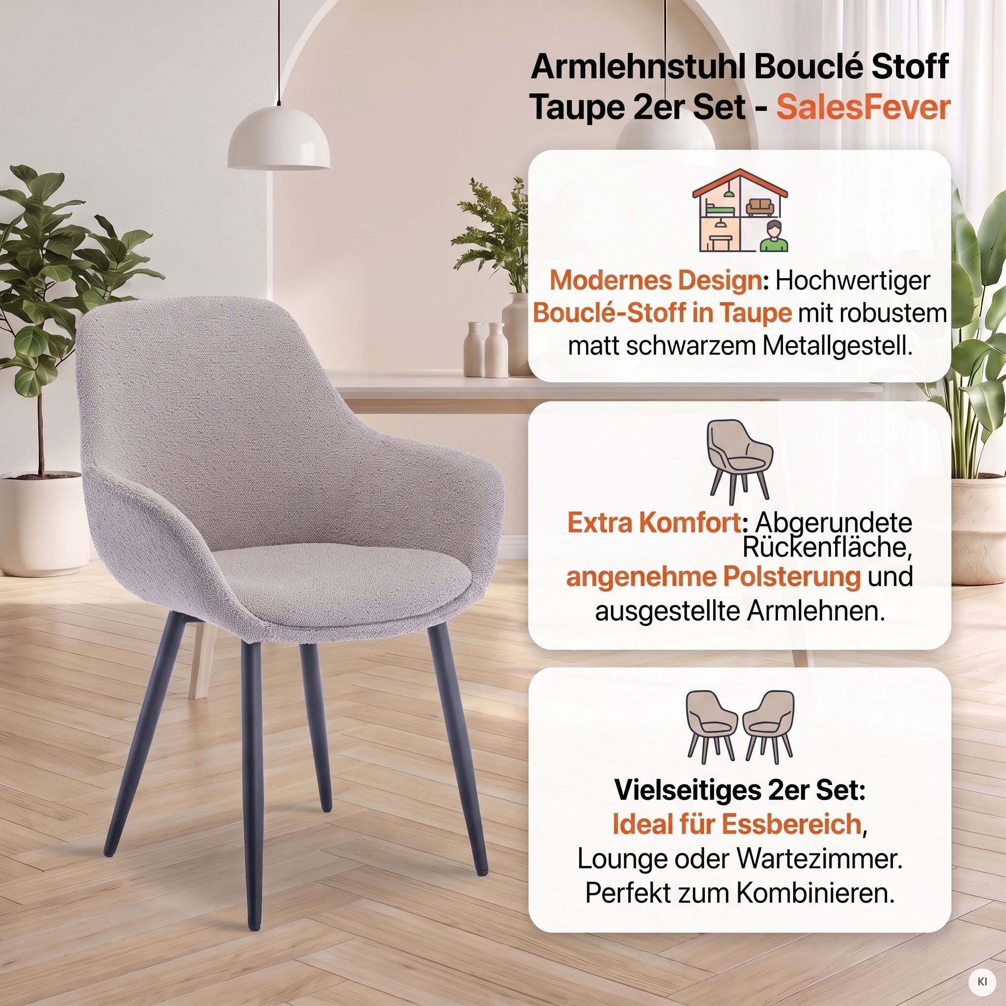 SalesFever Armlehnstuhl Esszimmerstuhl mit elegantem Komfort (Set, 2 St), moderner Bouclé-Bezug