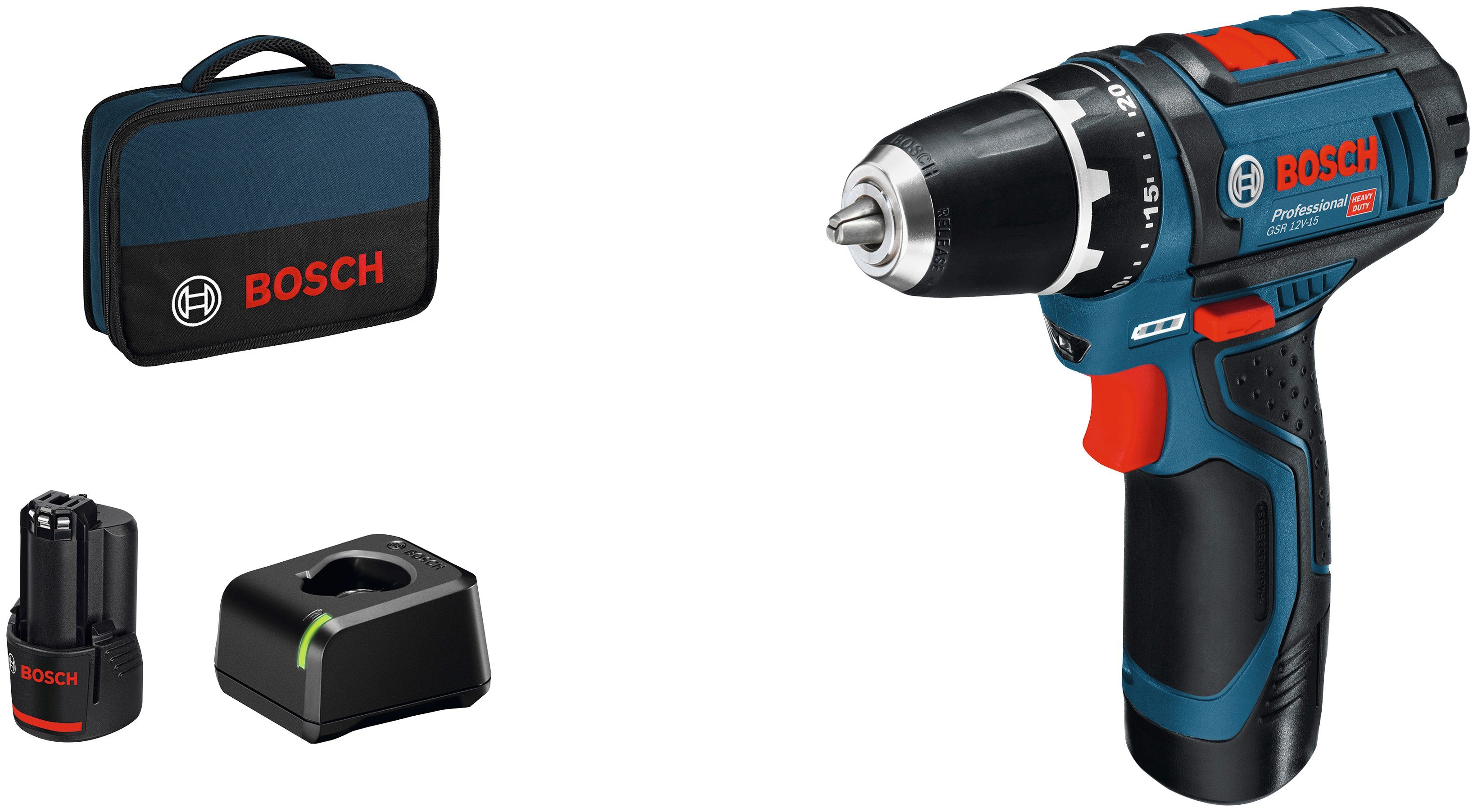 Bosch Professional Akku-Bohrschrauber GSR 12V-15, max. 1300 U/min, (Set), inkl. 2 Akkus und Ladegerät