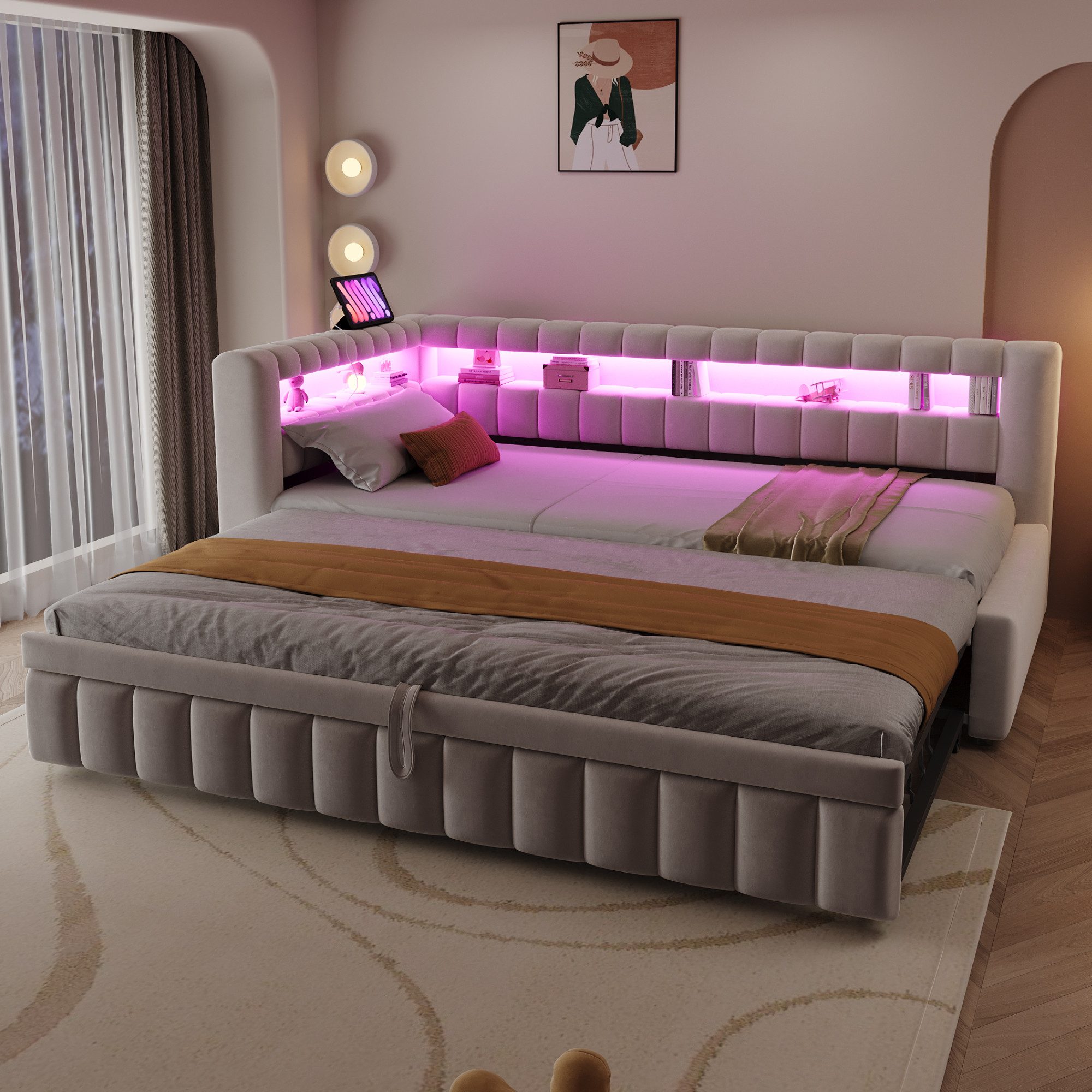 Merax Daybett mit LED-Beleuchtung und Ladeanschluss (Tagesbett Schlafsofa Sofabett Kinderbett, 1 tlg), Polsterbett 90x200cm mit Ausziehbett 90x190cm & Ablagefac – Bild 4 von 5