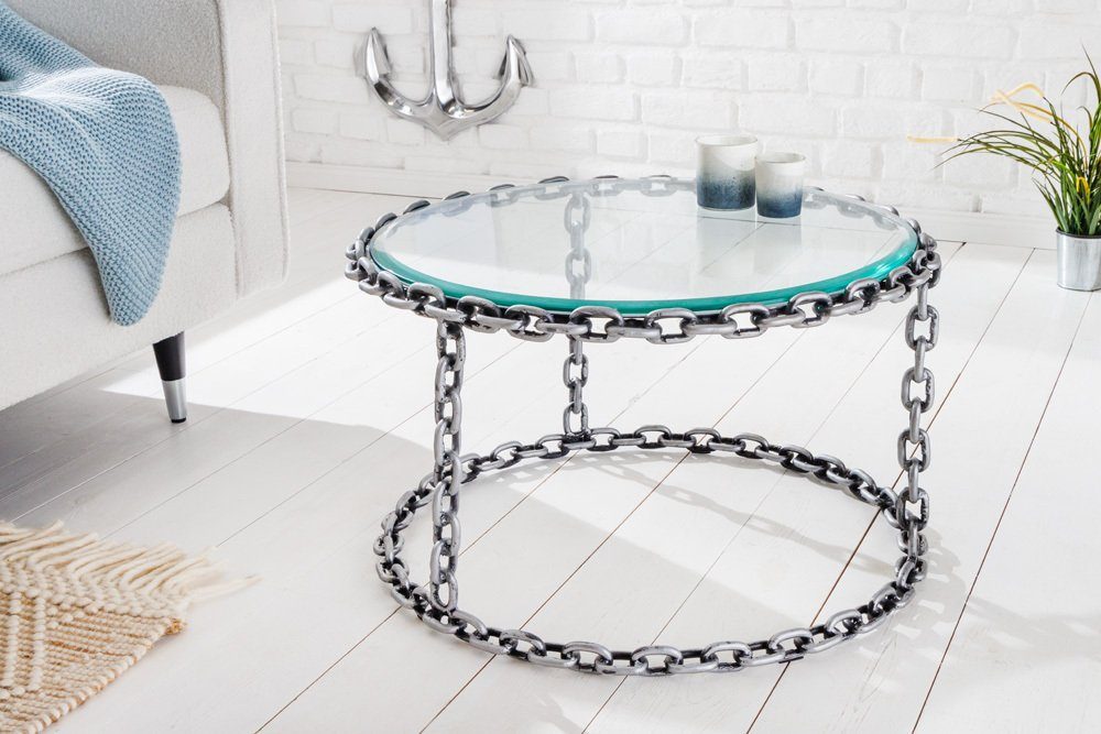 riess-ambiente Couchtisch CHAINS 65cm transparent / silber - Metall, Glasplatte, Kettengestell (Einzelartikel, 1-St), runder handgefertigter Beistelltisch- ideal f. extravagante Wohnzimmer
