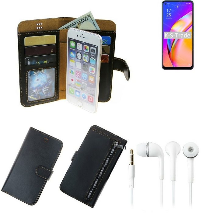 K-S-Trade Handyhülle TOP SET Handy Hülle Schutz Hülle kompatibel mit Oppo A94 5G schwarz aus Kunstleder + Kopfhörer Smartphone Tasche vollwertige Geldbörse -