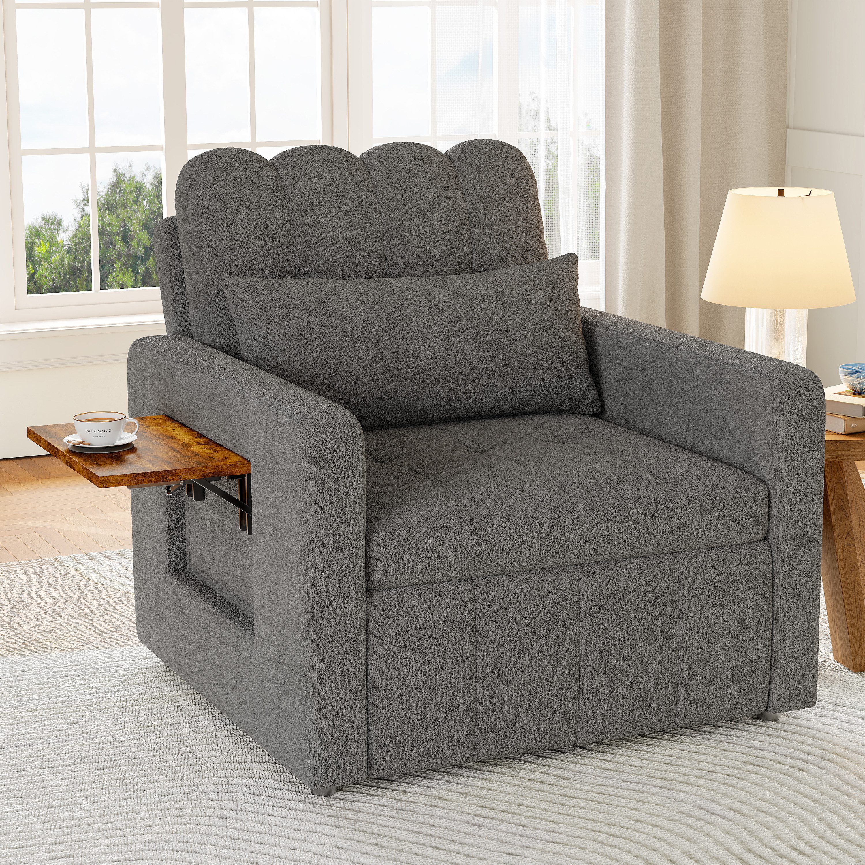 FUROKOY Schlafsofa Daybett 2-in-1 Sofabett Einzelbett, Set 1 Teile, mit1 Kissen,1 Seitentasche,1 Getränkehalter,Ausziehbett,Chenille,Grau