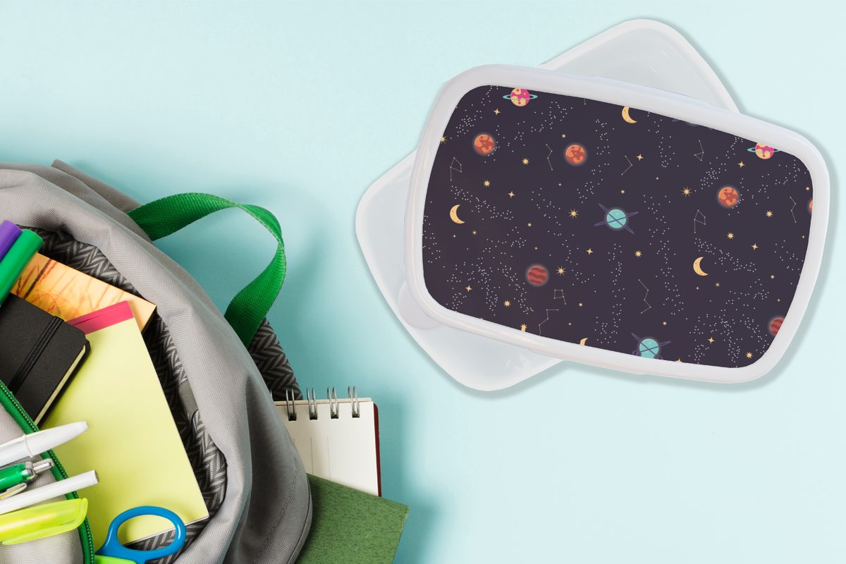 MuchoWow Lunchbox Planeten - Sterne Mädchen Brotdose, und Muster, für - weiß Erwachsene, Brotbox (2-tlg), und Kinder für Jungs Kunststoff