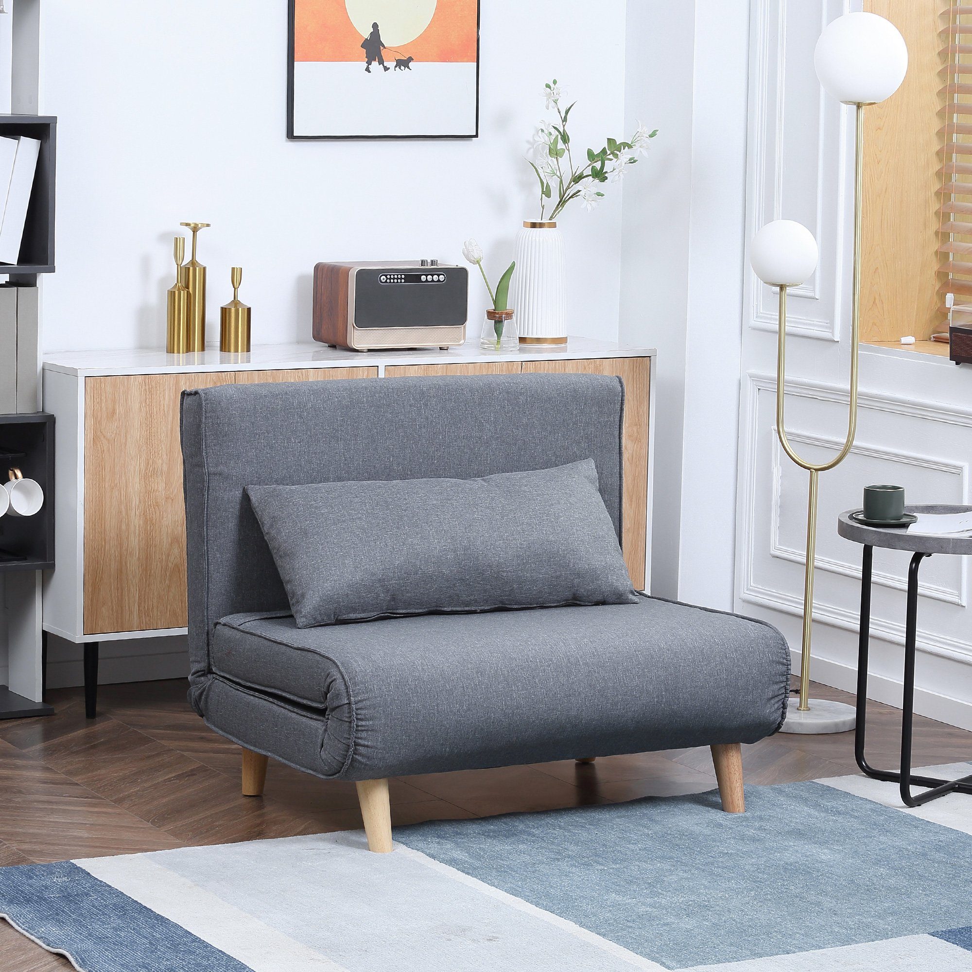 Liege, 1 Grau, x Tannenholz, Grau Rückenlehne (2-Sitzer mit Sessel | Grau 94 80 1-St., | Einzelschlafsofa), cm x x Bettfunktion Leinenimitat Grau 78 HOMCOM Sofa,