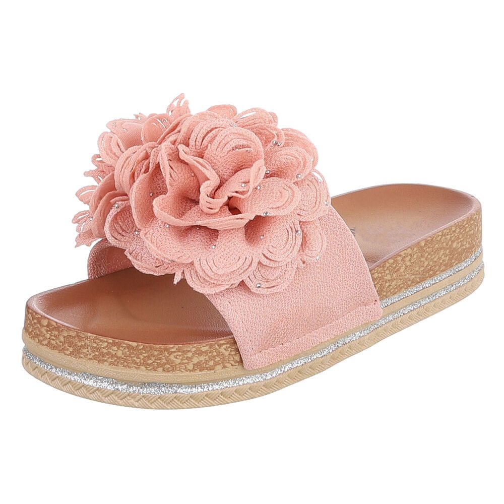 Ital-Design Damen Plateau-Pantolette mit Blütenapplikation Plateausandaletten (91849027) Flach Pantoletten in Altrosa