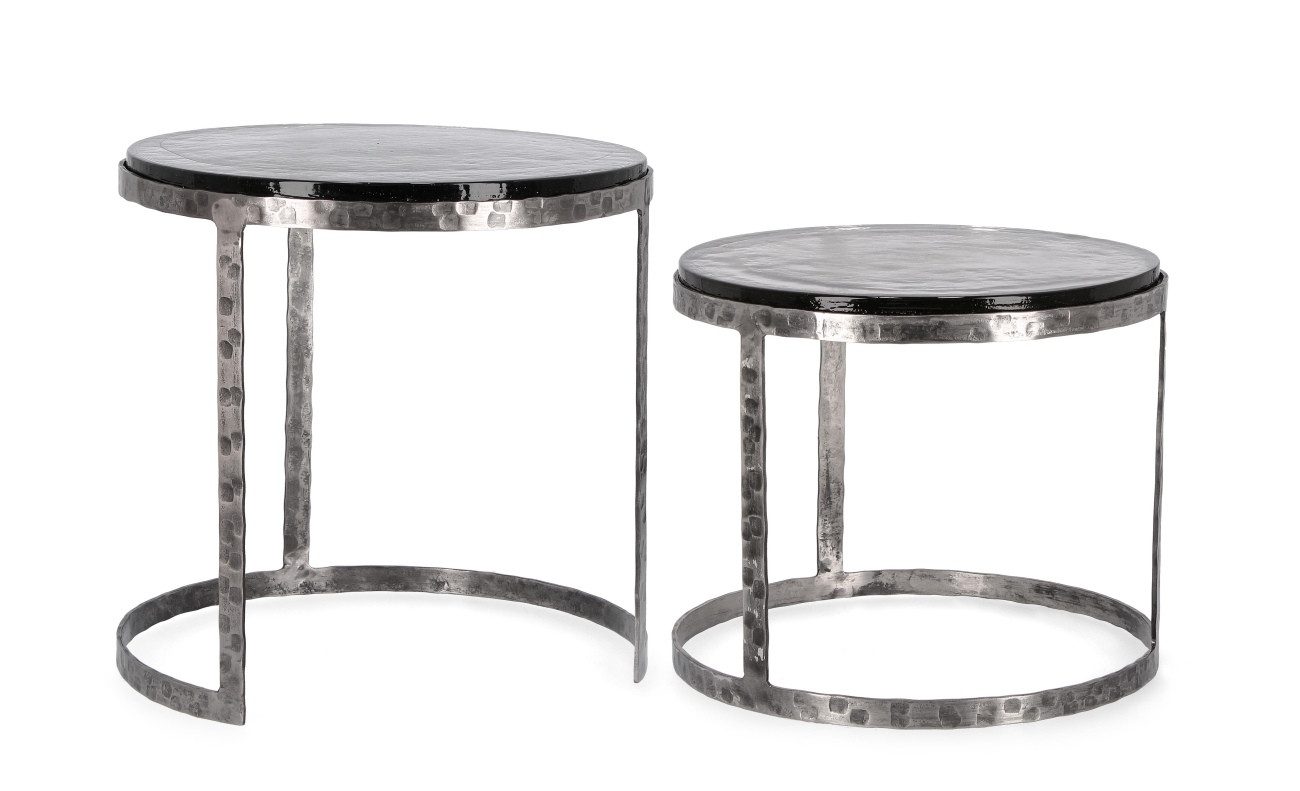 Feeling4Home Beistelltisch Zayla 2er-Set aus Metall Rund Ø 39 cm, Platte aus handgefertigtem und natürlichem Glas
