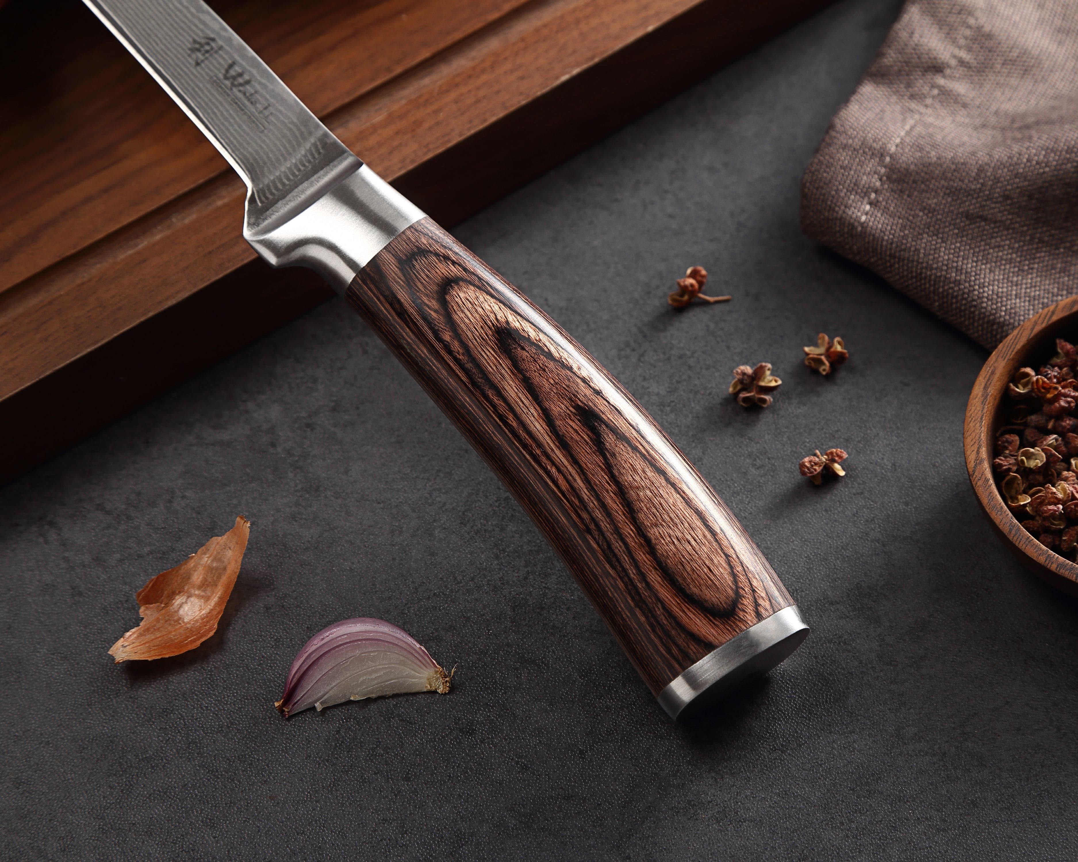 Wakoli Damastmesser EDIB Ausbeinmesser Kochmesser 14,5cm Klinge Pakkaholzgriff, Aus 67 Lagen Damaststahl, VG10 Kern, Pakkaholzgriff, inkl. Geschenkbox