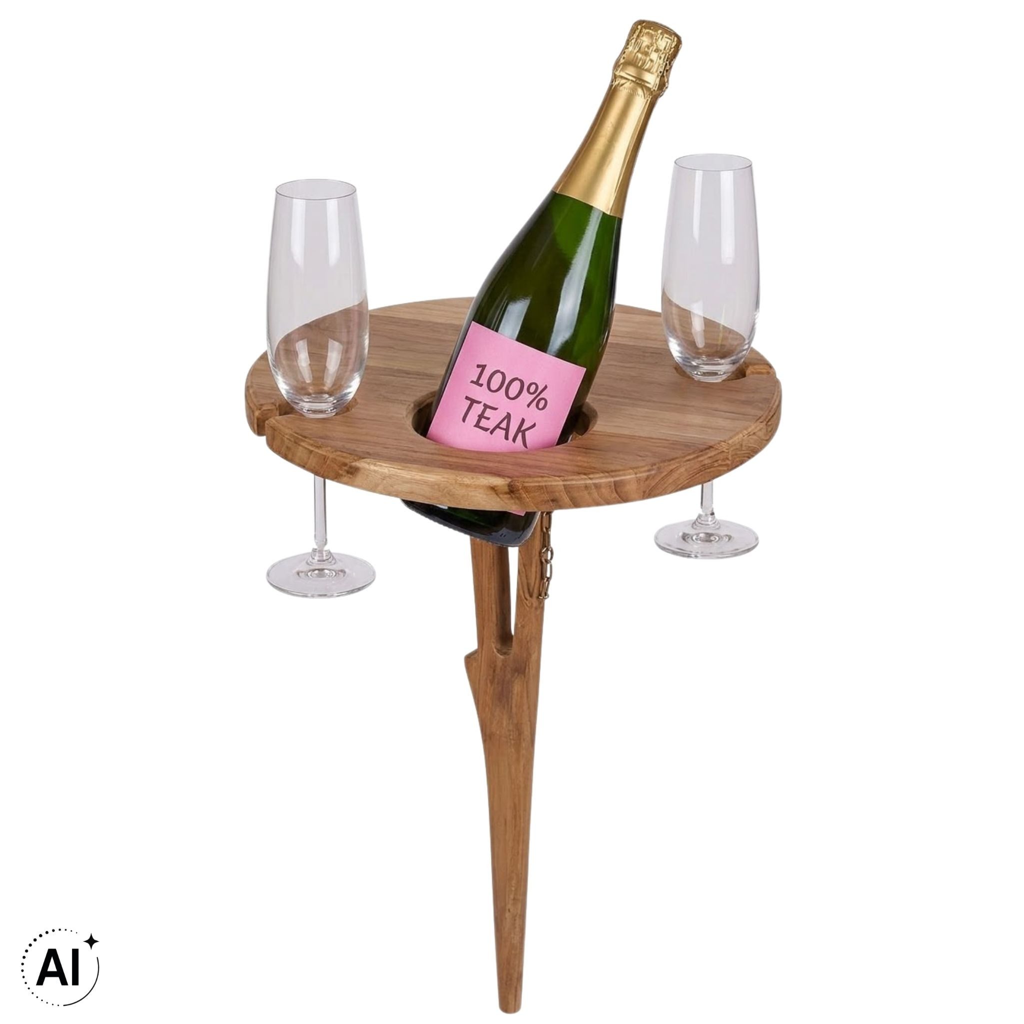 MR.DEKO Weinflaschenhalter Getränkehalter Weinflaschenhalter Teak Strandkorb Robust Beistelltisch, (1-teilig, 1-St., Halterung für 1 Flasche und 2 Gläser), Klappbarer Getränkehalter aus Teakholz