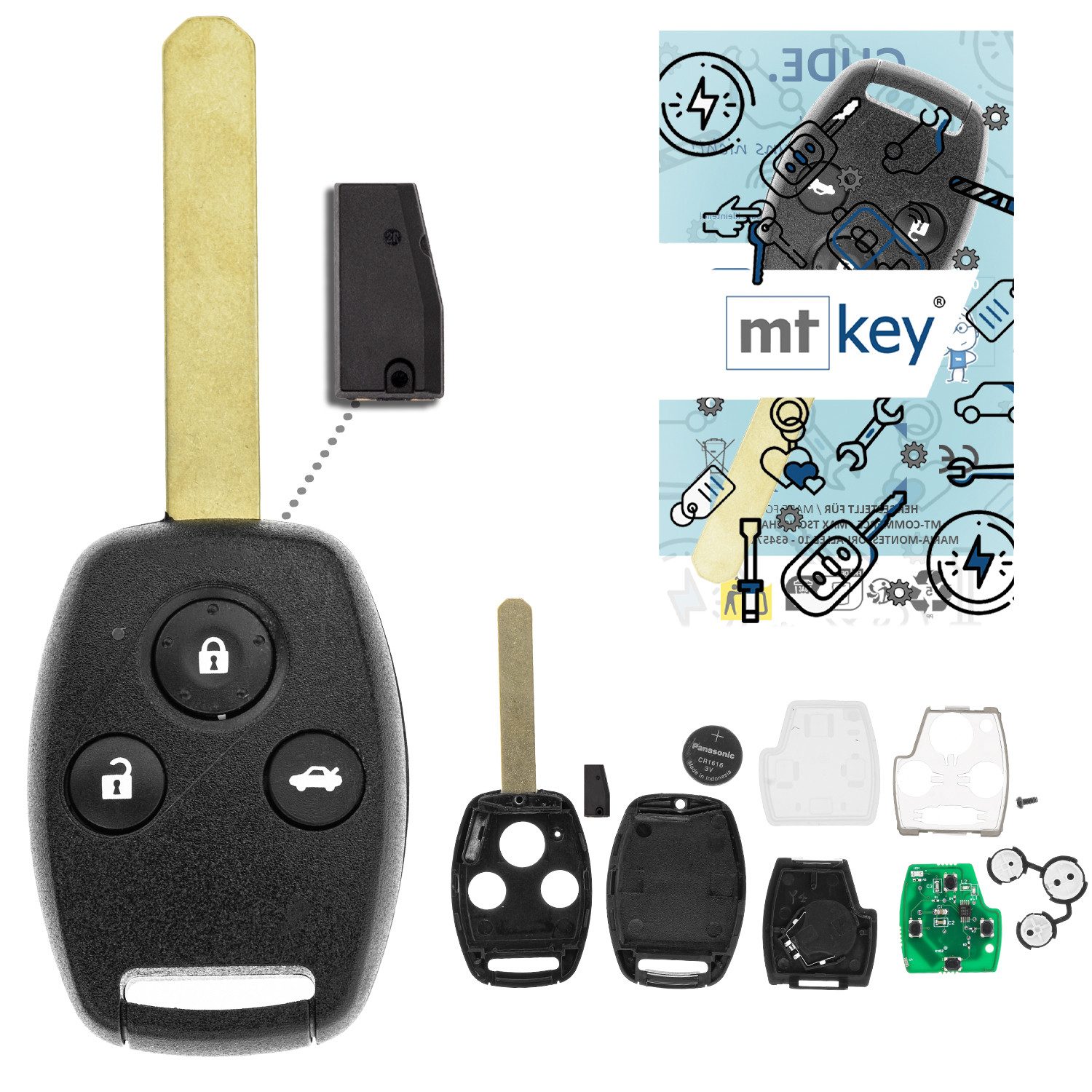 mt-key Schlüsseltasche Auto Funk 3 Tasten Schlüssel Fernbedienung ID46 HON66 (Set), für Honda Accord (VIII, 08–11)