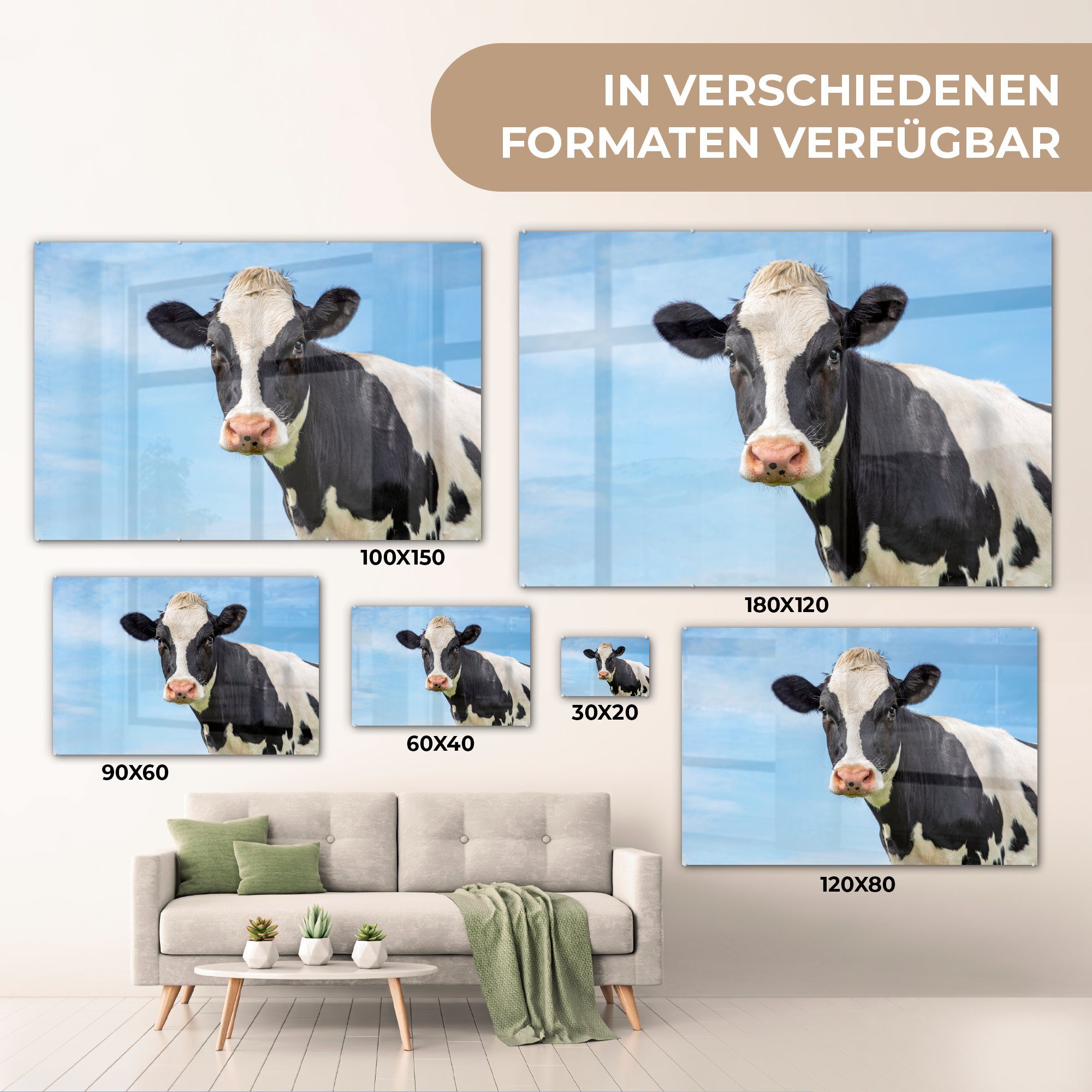 MuchoWow Acrylglasbild Kuh - - & Acrylglasbilder Tiere (1 St), Porträt - Schlafzimmer Wohnzimmer Himmel