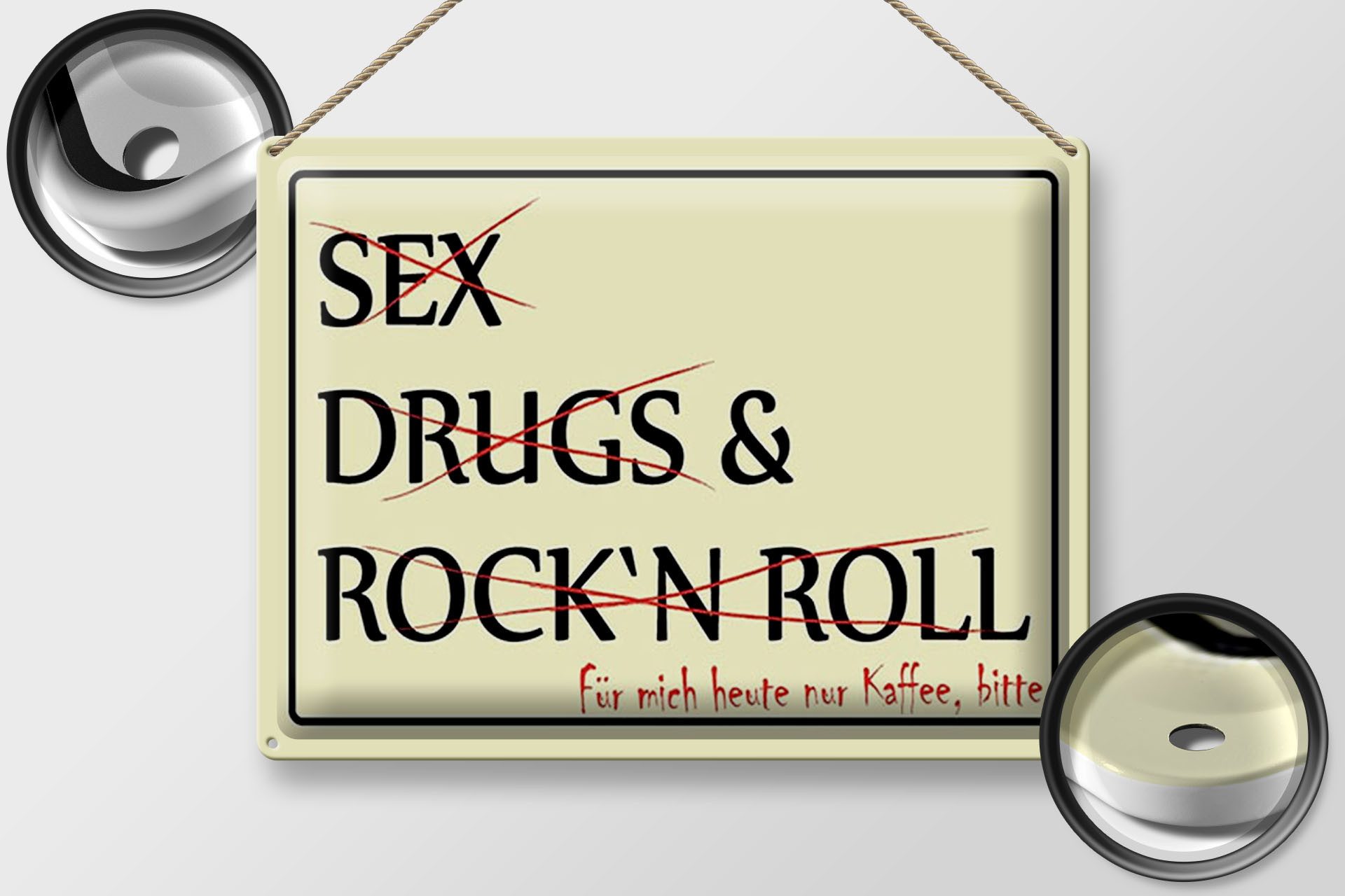 Femer GmbH Metallschild Spruch 40x30cm Sex Drugs Rock nur Kaffee bitte, (1 St), gewölbte Oberfläche, abgerundete Ecken, umgeschlagene Kanten