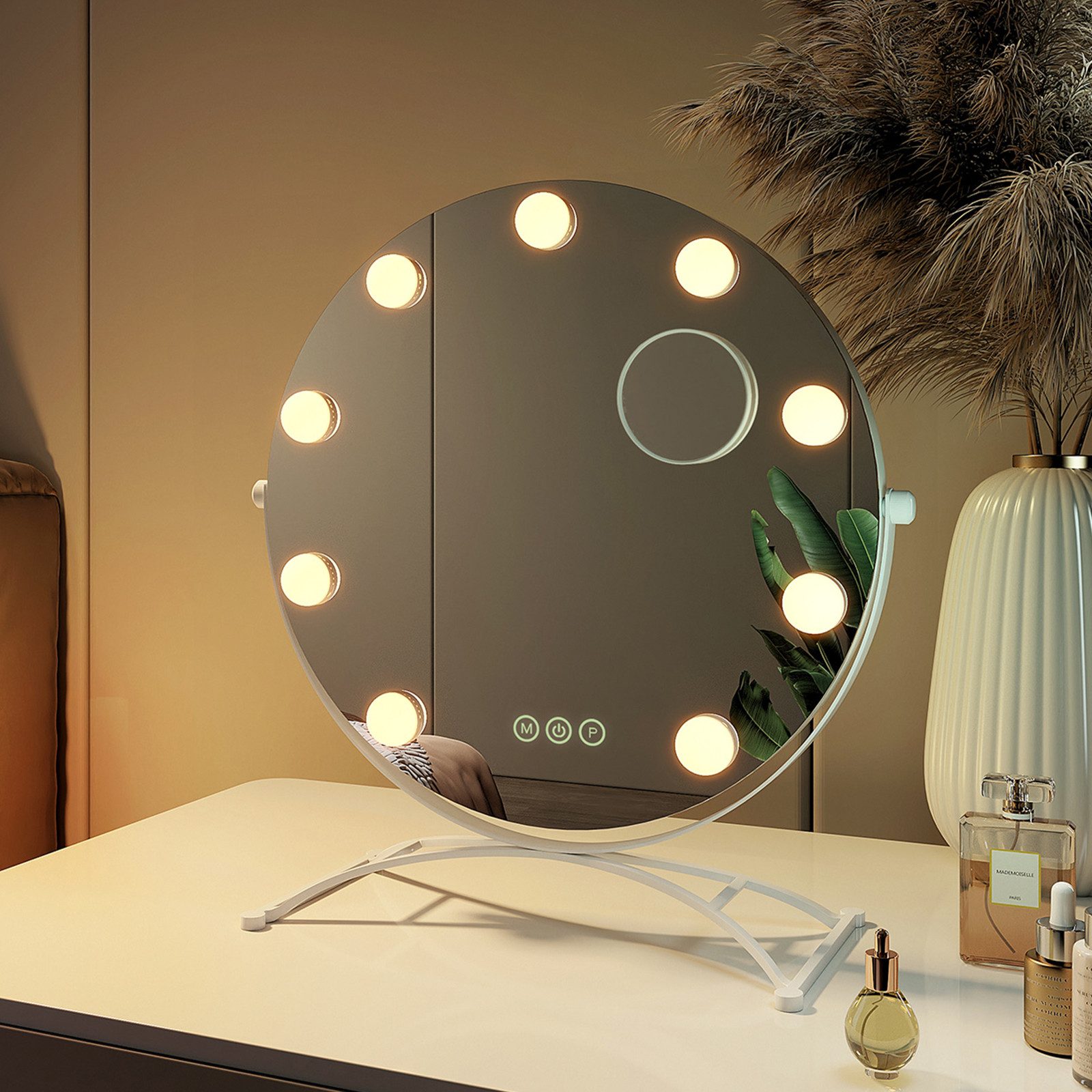 EMKE Kosmetikspiegel 1 Plus 1 Hollywood Spiegel mit Beleuchtung 7 x Vergrößerungsspiegel (Sternenlicht Serie), 3 Lichtfarben, dimmbar, Touch, Memory, 9 LED-Lampen, 360° neigbar