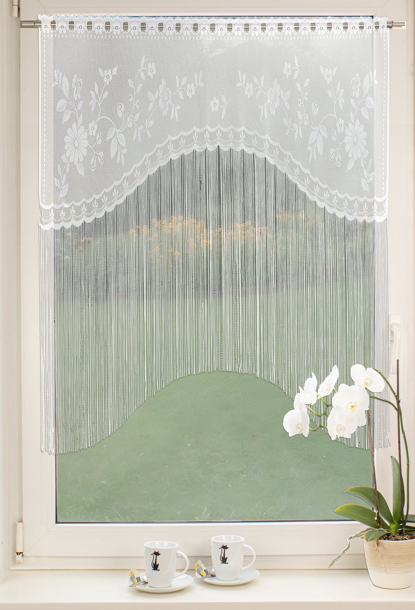EXPERIENCE Scheibengardine Scheibengardine Kuvertstore Küchengardine Bistrogardine Wirkware Jacquard 2341 100x150 cm Weiß, Durchzuglöcher, halbtransparent, Volant