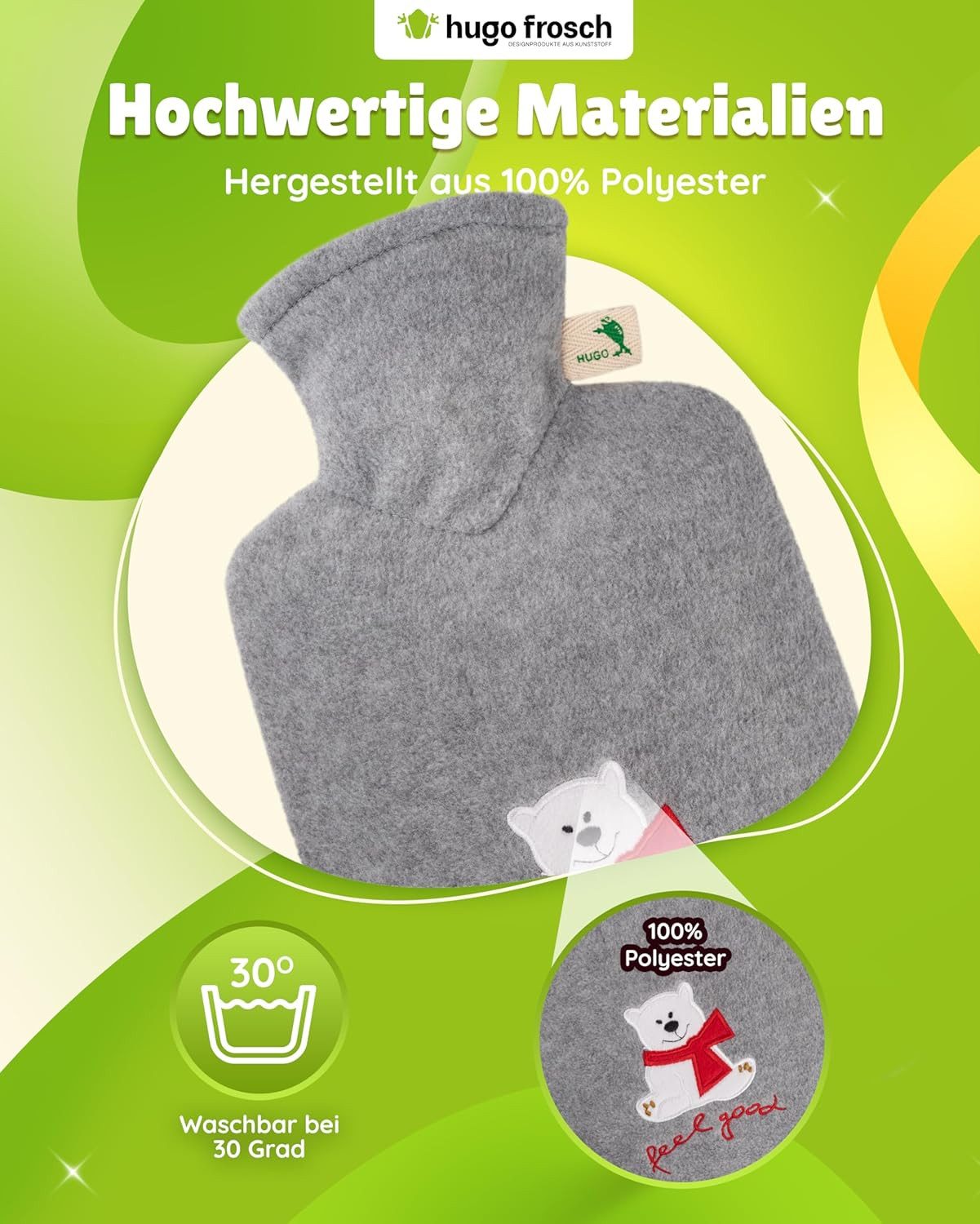 Hugo Frosch Wärmflasche Auslaufsicherer Bauchwärmer Klassik 1.8L mit Fleecebezug "Feel good", (33x19.5x4.5 cm), Weiche Wärmflasche, Made in Germany