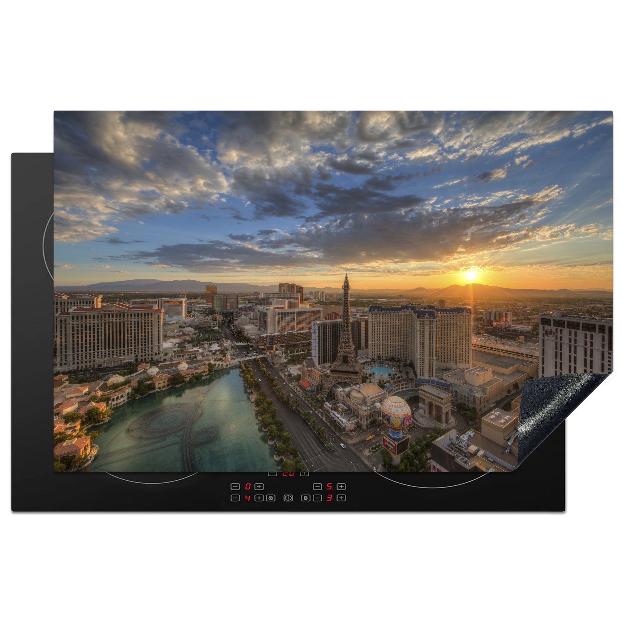 MuchoWow Herdblende-/Abdeckplatte Sonnenaufgang - Las Vegas - Stadt, Vinyl, (1 tlg), 81x52 cm, Induktionskochfeld Schutz für die küche, Ceranfeldabdeckung