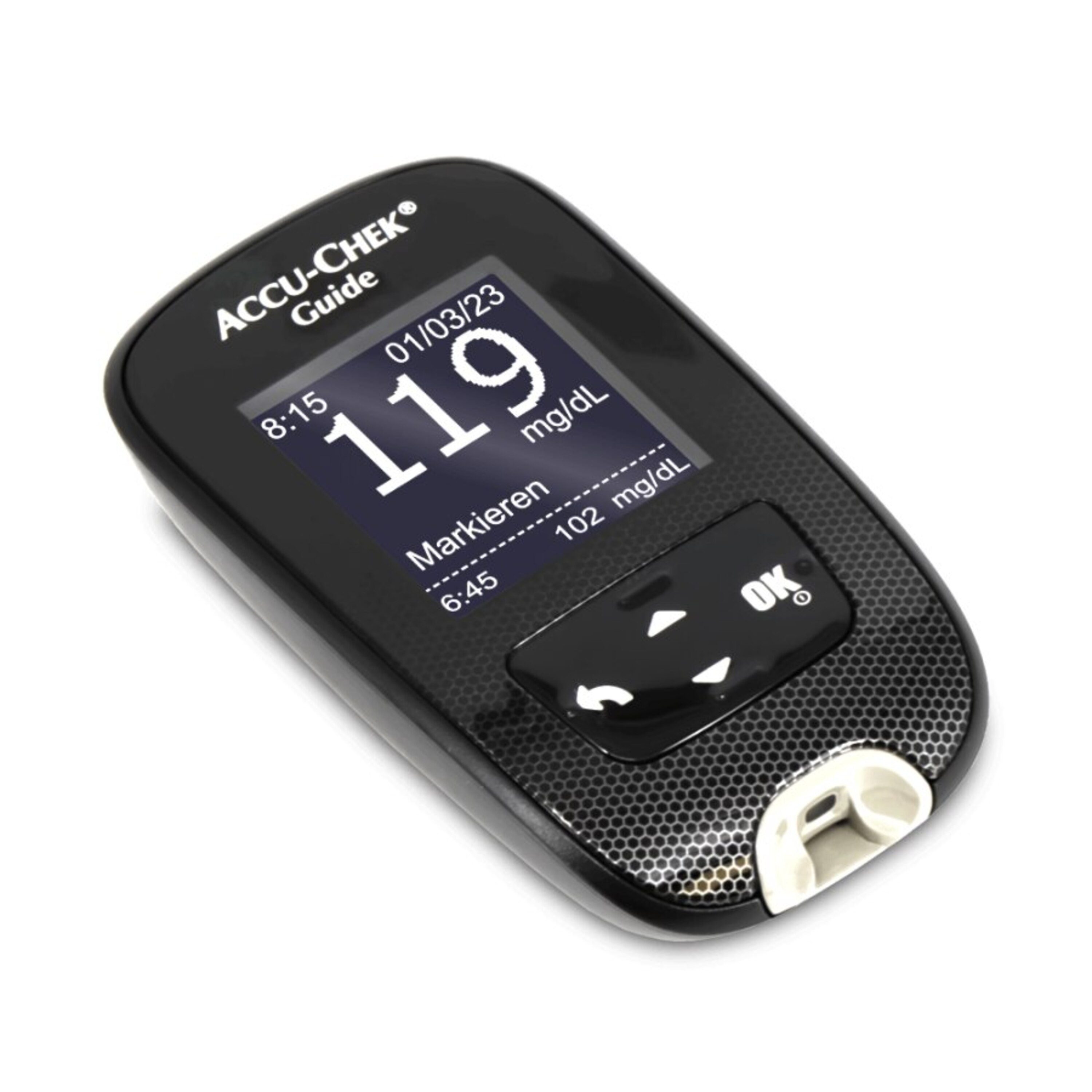 Roche Blutzuckermessgerät Accu-Chek Guide mmol oder mgdl, Starterset, Diabetesüberwachung, mit Bluetooth und App, Großes beleuchtetes Display, Integrierter Auswurfknopf