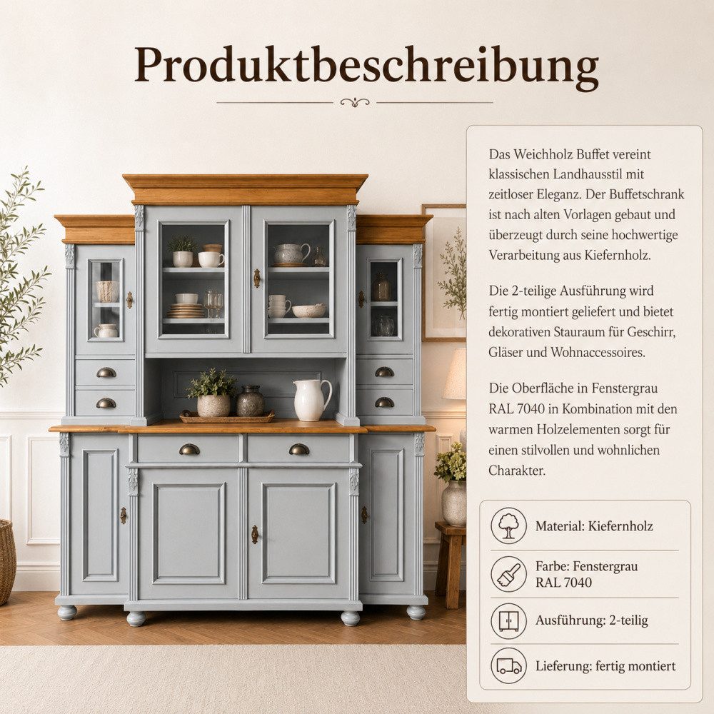 Wohnpalast Buffet Buffet Schrank im Landhausstil grau/antikbraun - Massivholz Küchenschr