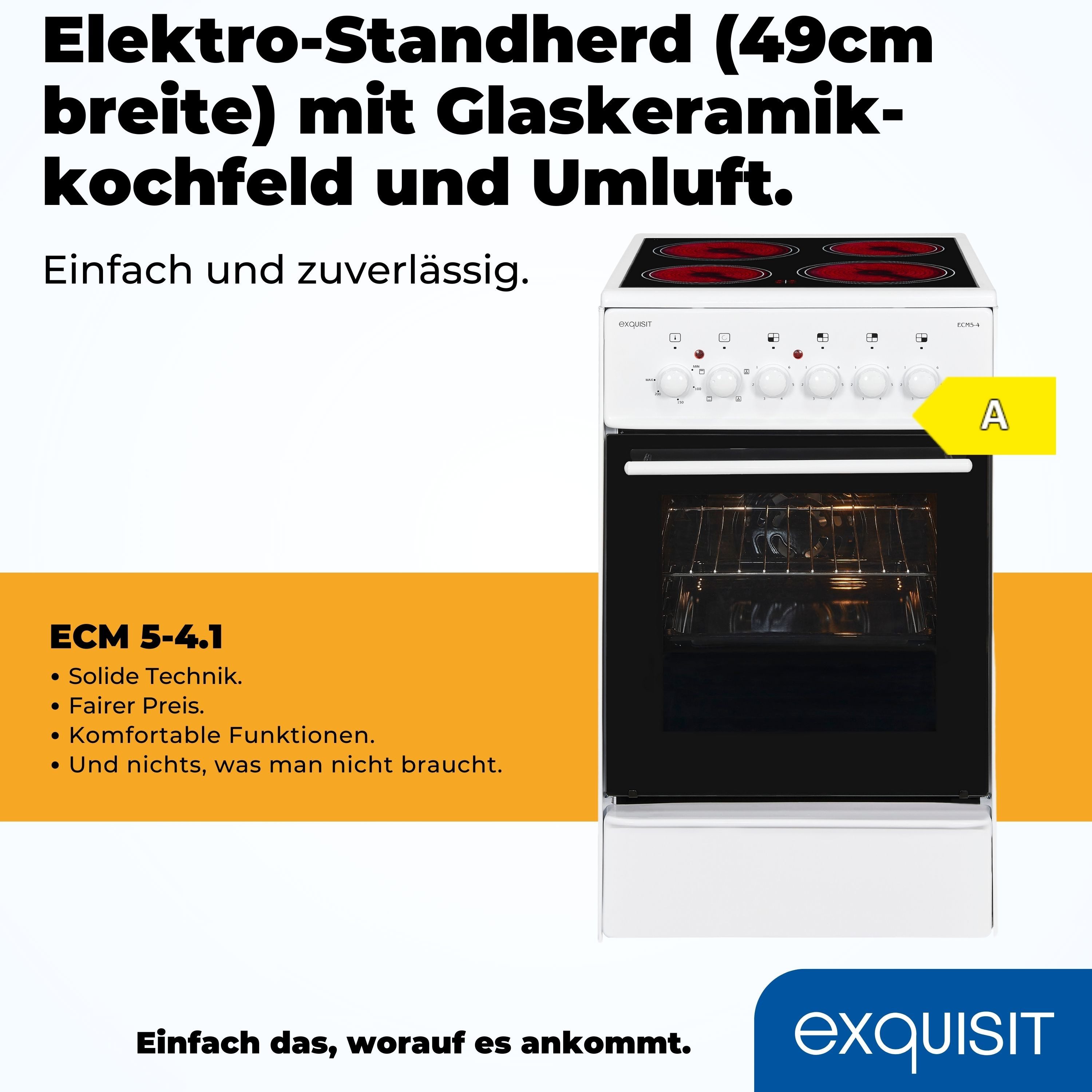 exquisit Elektro-Standherd ECM 5-4.1, Ober und Unterhitze, Innenbeleuchtung, 47 Liter Backofen-Volumen