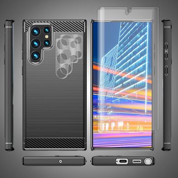 Nalia Smartphone-Hülle Samsung Galaxy S23 Ultra, Carbon-Look Silikon Hülle / 2x Display- & Kameraschutz / Karbon-Optik
