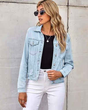 FIDDY Sakko Damen Jeansjacke Button-Down Boyfriend Denim Blusenjacke, Größe L