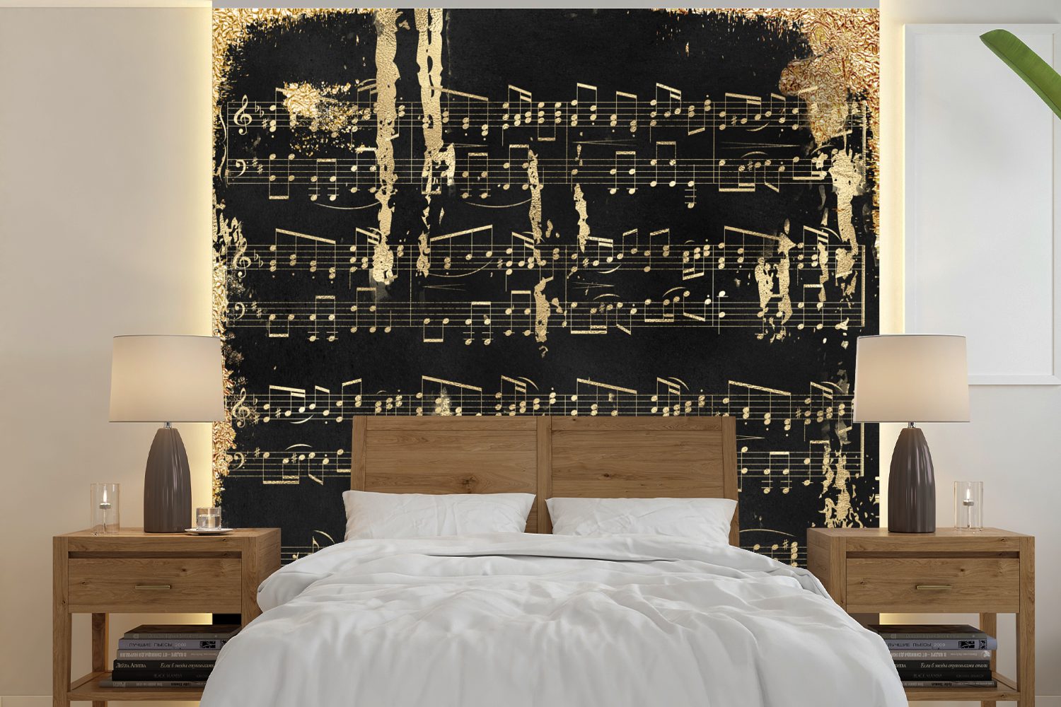 MuchoWow Fototapete Musik - Gold - Schwarz, Matt, bedruckt, (5 St), Vinyl Tapete für Wohnzimmer oder Schlafzimmer, Wandtapete