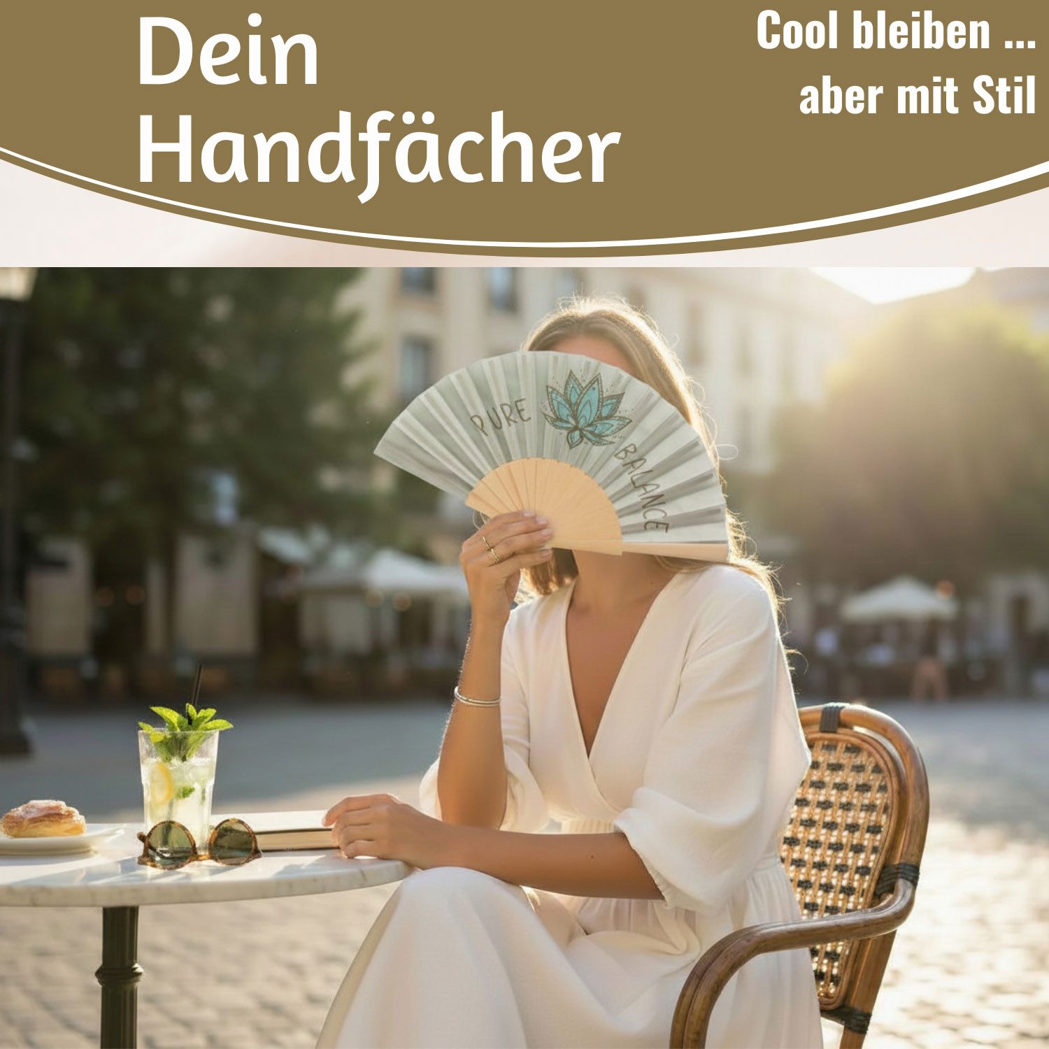 LS-LebenStil Handfächer Holz Stoff Fächer "PURE BALANCE" Bali Grün Grau faltbar Faltfächer, (hochwertig aus Holz mit Stoff und coolem lustigem Spruch, 1-tlg., Styliche Abkühlung), für Geburtstag, Hochzeit, Party oder als Wand Dekoration