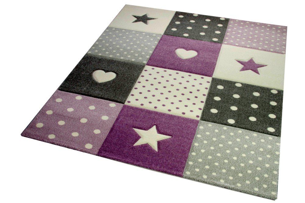Carpetia Kinderteppich Kinderteppich Spielteppich Mädchen mit Herz Stern lila creme grau, rund, Höhe: 13 mm